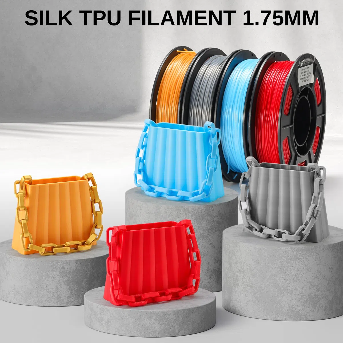 Zestaw filamentów SainSmart Silk TPU, elastyczny filament TPU do drukarek 3D 95A, 1,75 mm, błyszcząca powierzchnia jedwabista, zestaw 4 x 250 g, złoty, ciemnosrebrny, niebieski, czerwony