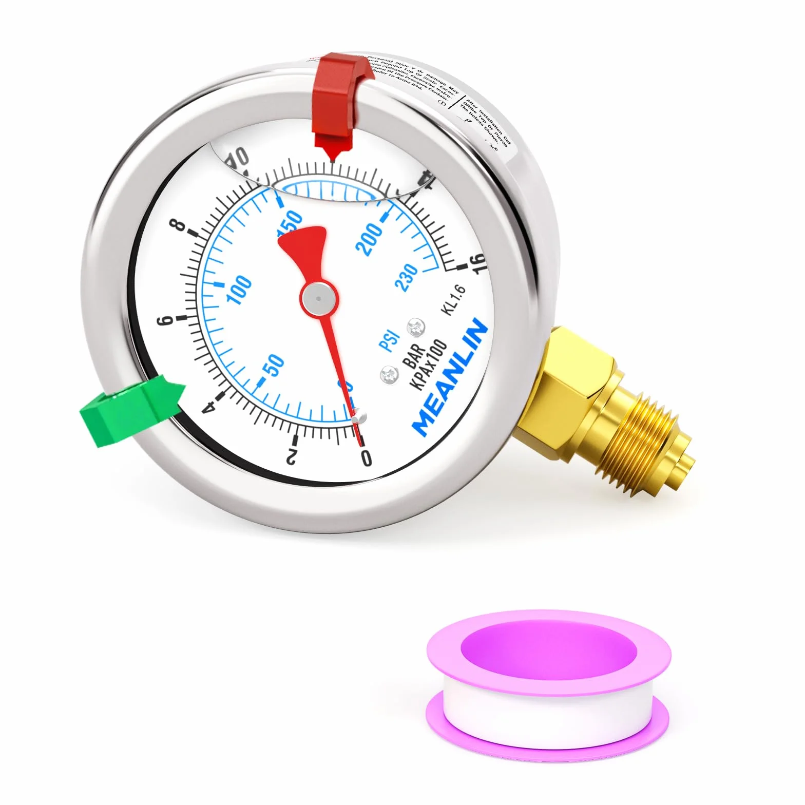 MEANLIN MEASURE 0 ~ 16 bar/0~230 psi manometr 1/8" BSP, tarcza 1,5", ciśnieniomierz ze stali nierdzewnej z dolnym montażem, WOG woda, olej, powietrze (z 2 zatrzaskami zatrzaskowymi)