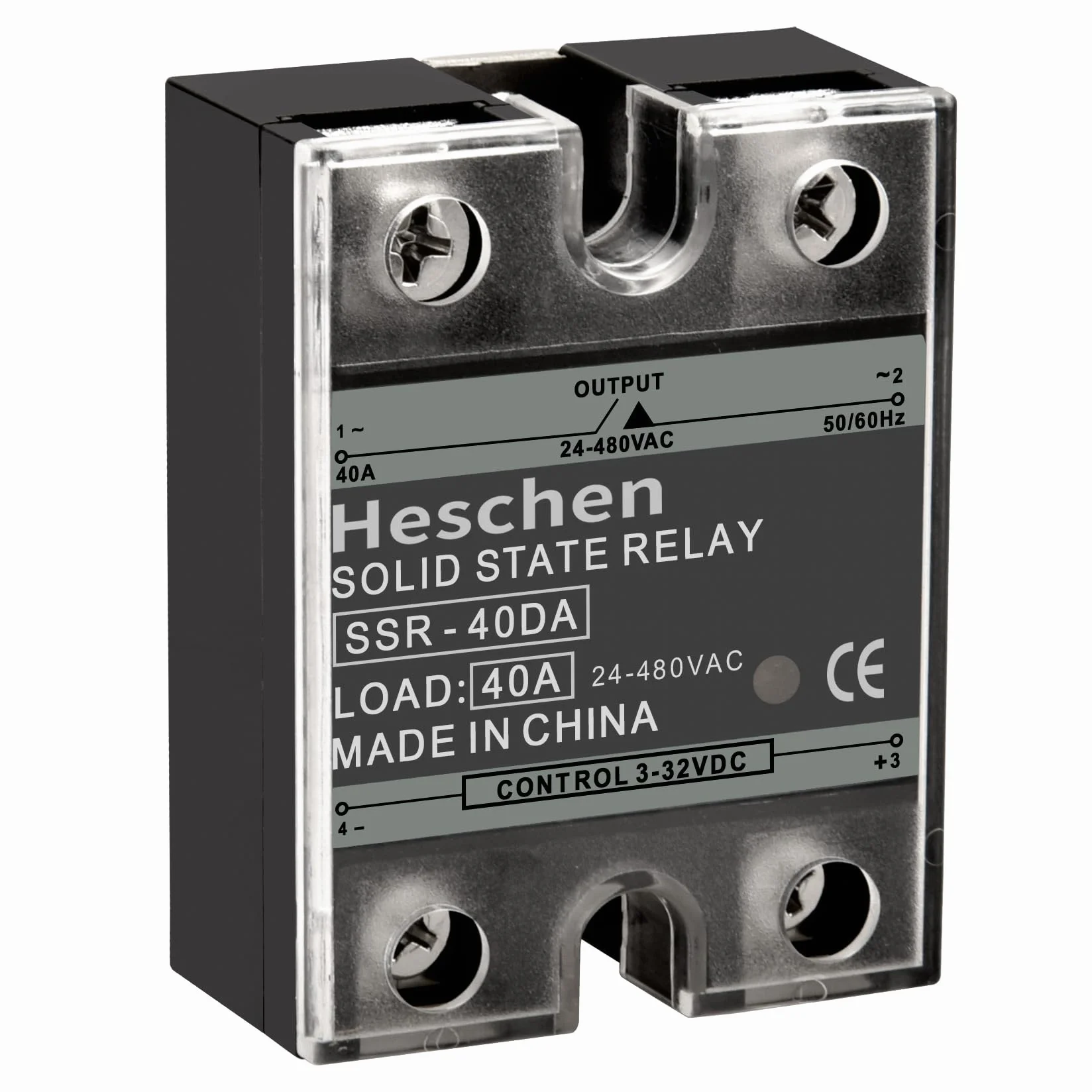 Heschen Przekaźnik półprzewodnikowy jednofazowy DC/AC, SSR-40DA, wejście 4-32VDC, wyjście 24-480VAC, 40A 50-60Hz