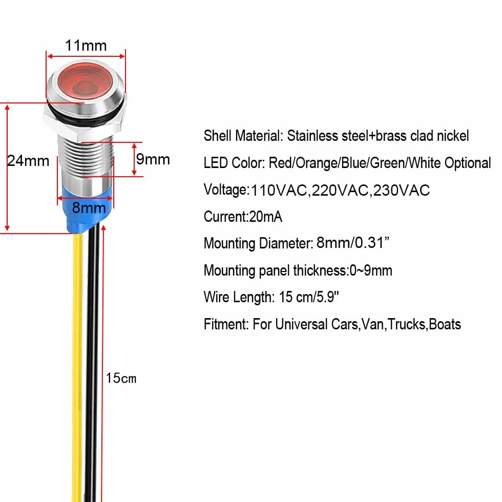 Gebildet Metalowy Wskaźnik Świetlny LED 8mm 230V AC Wodoodporna Lampka Sygnalizacyjna Czerwona 5 Sztuk
