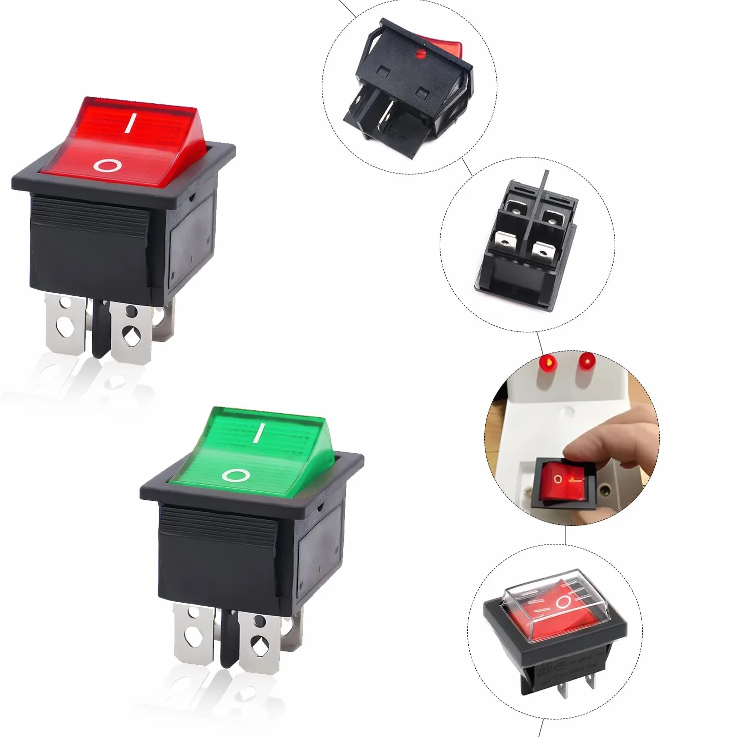 4 sztuki przełączników kołyskowych, AC 250 V 16 A 125 V 20 A przełącznik dźwigienkowy z wodoodporną pokrywą, okrągły przełącznik kołyskowy, przełącznik uchylny 230 V, wodoszczelny, do różnych rodzajów elektrycznych