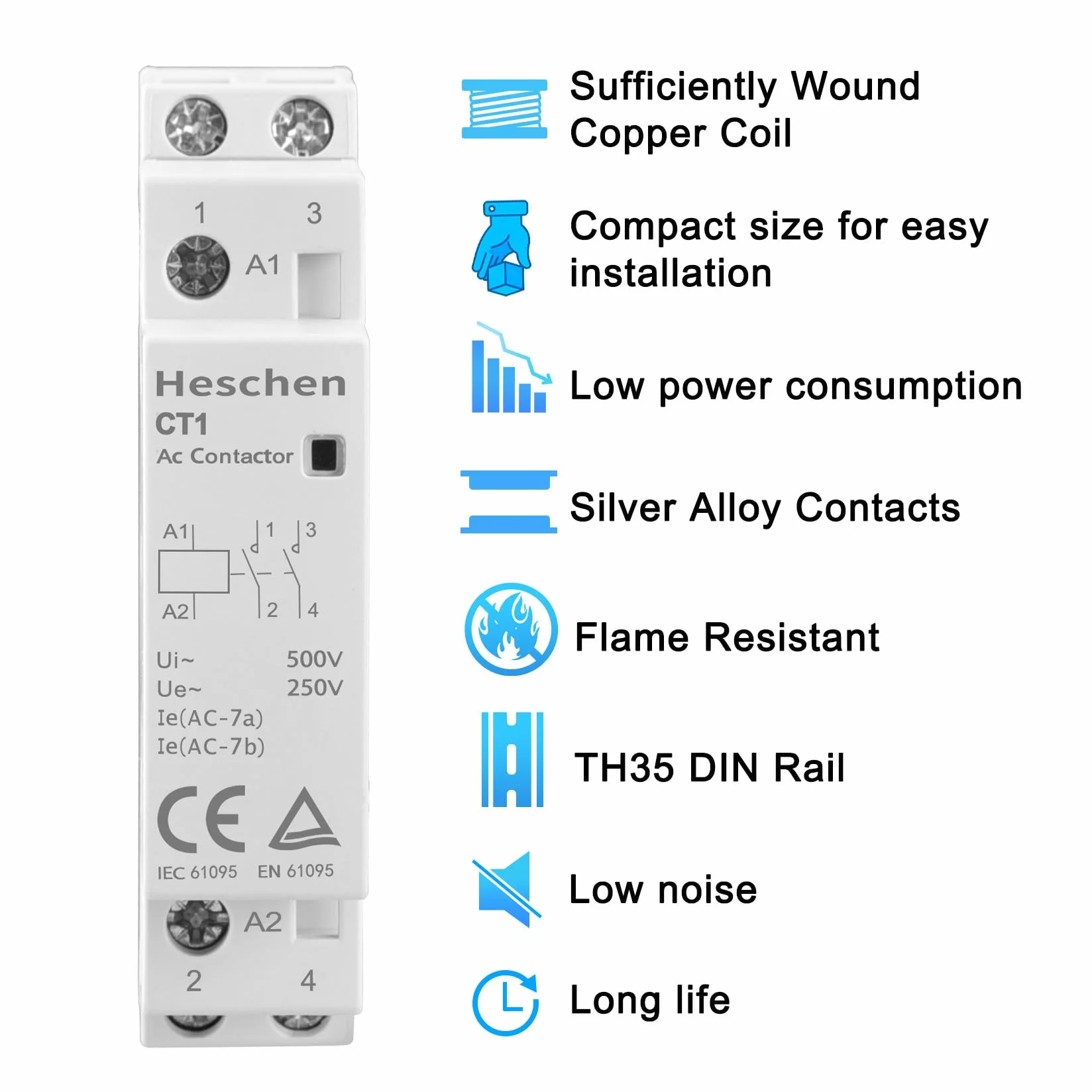 Heschen Domowy stycznik AC, CT1-25, 2-biegunowy, dwa normalnie otwarte, napięcie cewki AC 220 V/230 V, mocowanie szynowe DIN 35 mm