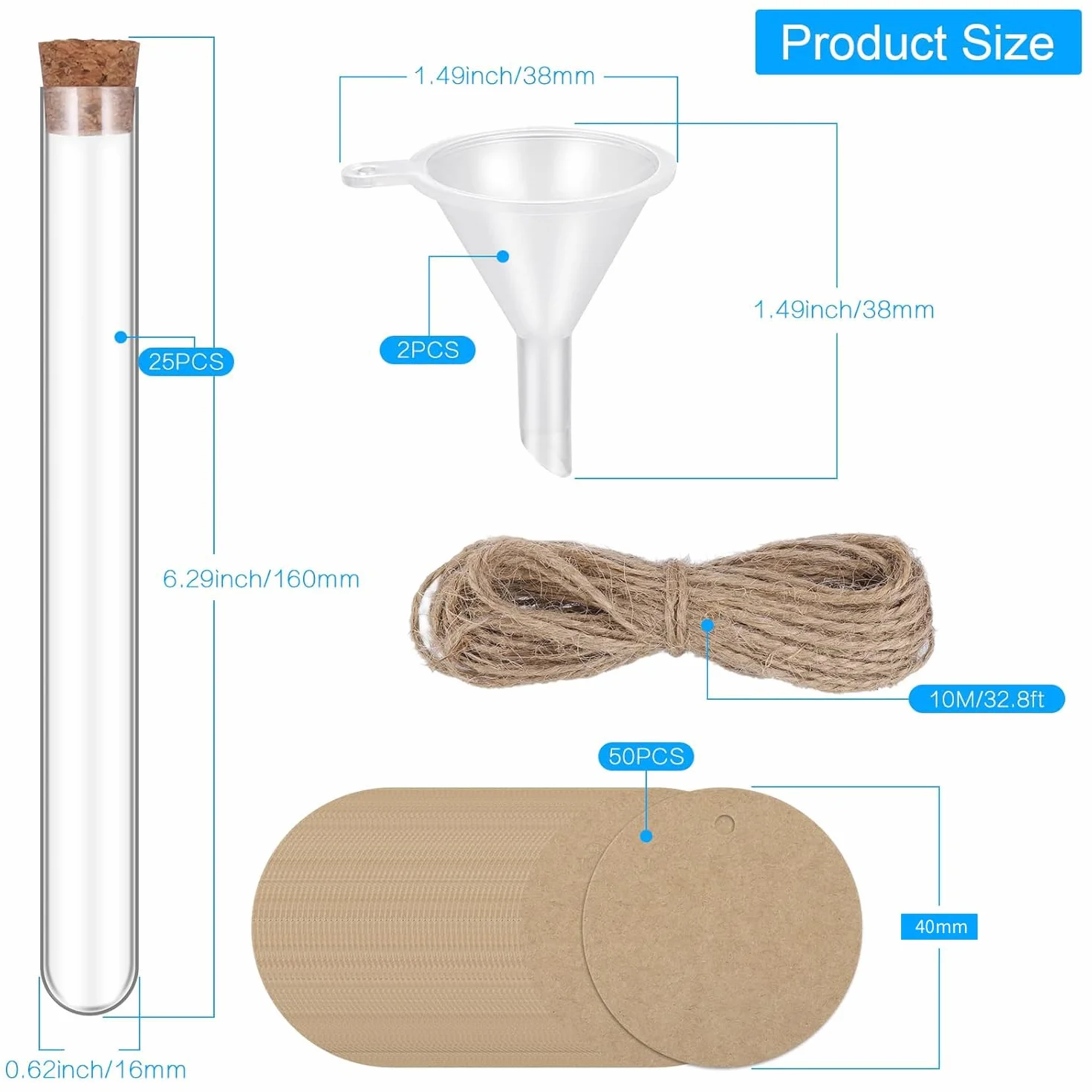 Plastikowe probówki z korkiem 20 ml Zestaw 25 szt. z etykietami i lejkiem