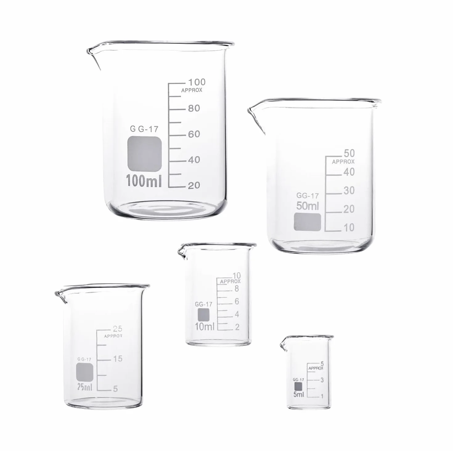 LATRAT 5 szt. stopniowanych kubków z miarką, szklanka borokrzemowa, do laboratorium, odporna na wysokie temperatury, do laboratorium, 5 ml, 10 ml, 25 ml, 50 ml, 100 ml