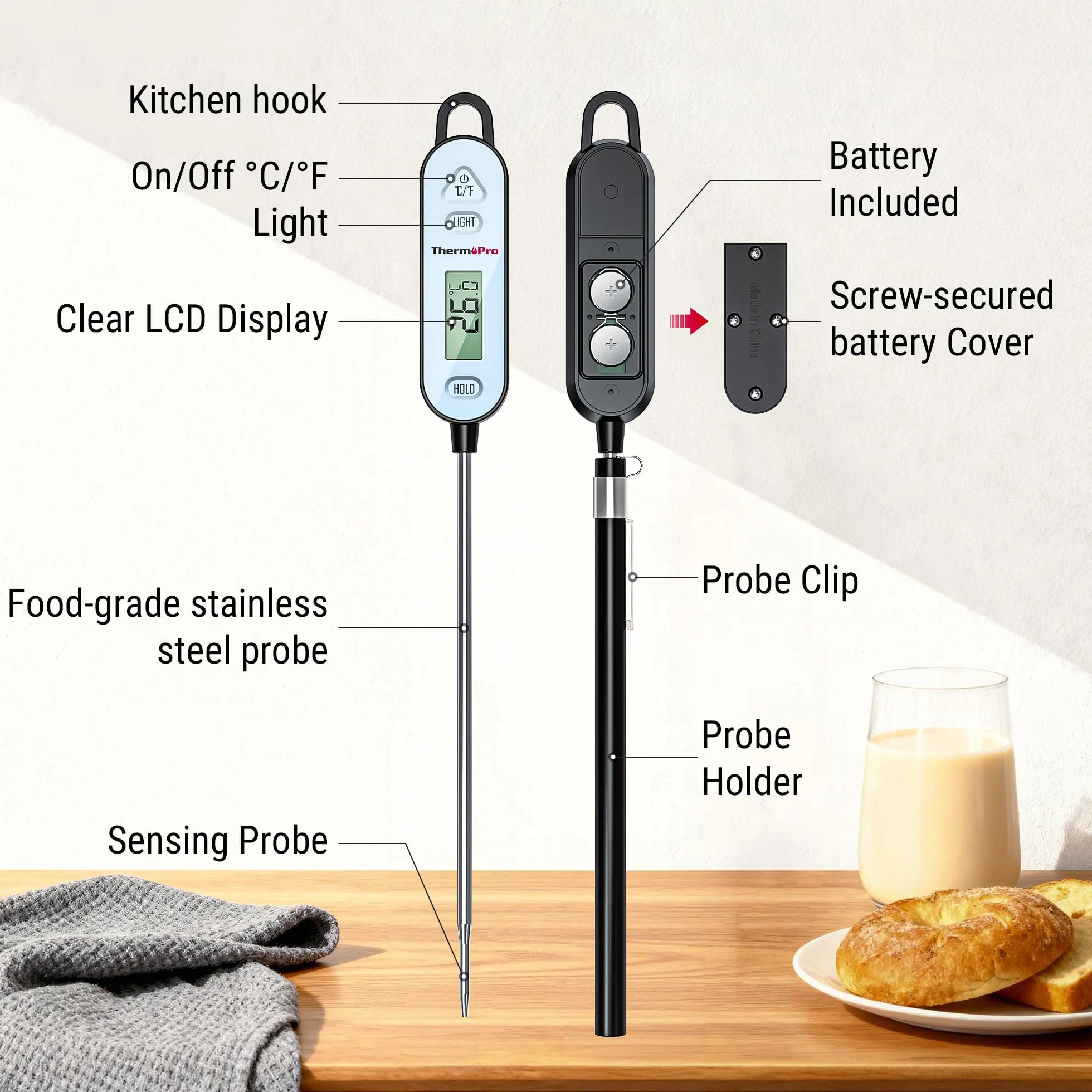 ThermoPro Cyfrowy termometr do mięsa ze składaną sondą do smażenia, wędzenia, grilla