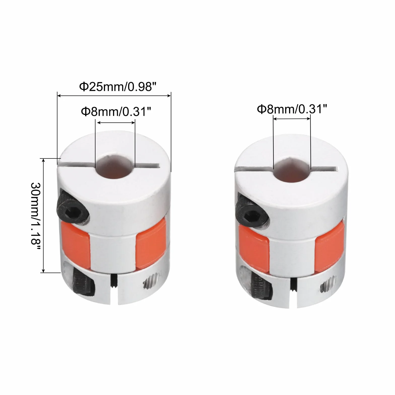 QUARKZMAN Aluminiowe sprzęgło wału śliwkowego 8 mm do 8 mm otwór L30xD25 elastyczna głowica sprzęgła do maszyny i serwo silnika krokowego, zestaw 2 szt