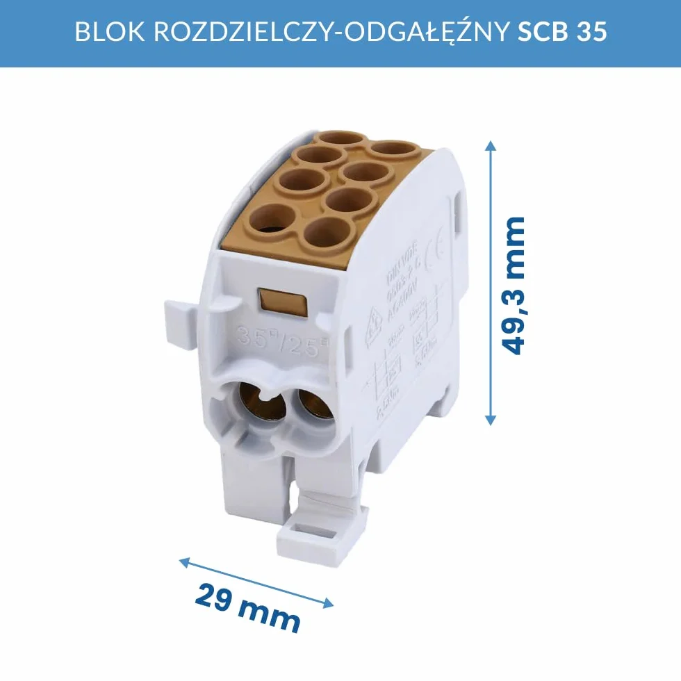 Blok rozdzielczo-rozgałęźny SIMET SCB 35 Al/Cu 80210, 1-biegunowy, 35 mm², do 1000 V AC/DC, montaż na szynie DIN TS35, 29 x 49,3 x 55,4 mm, brązowy