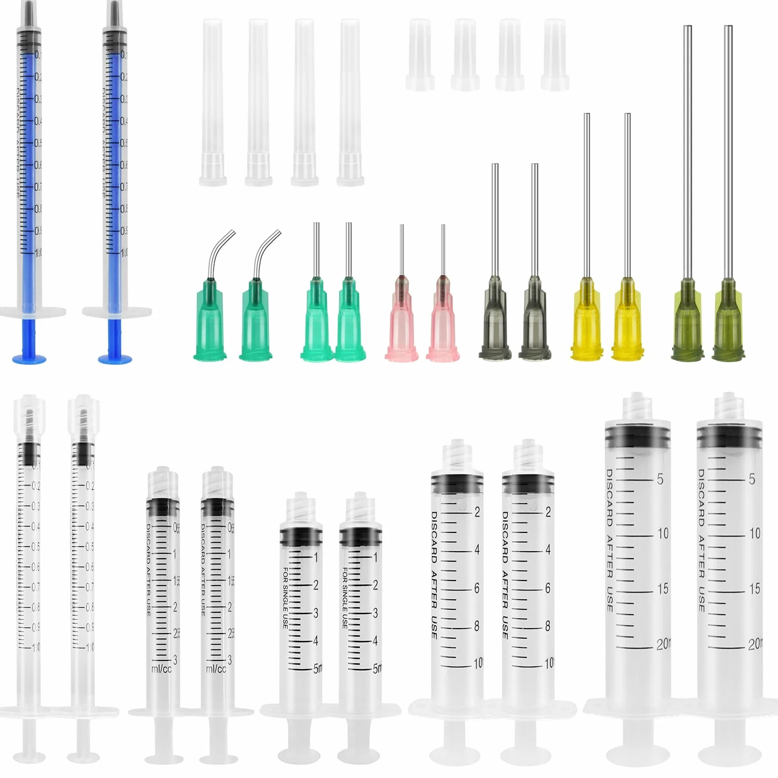 TRUEIN Strzykawki z tępymi igłami, 24 sztuki, 1 ml, 3 ml, 5 ml, 10 ml, 20 ml, z tępymi igłami, 14 Ga 15 Ga 16 Ga 18Ga 20Ga tępe igły i nasadki, strzykawka z tworzywa sztucznego