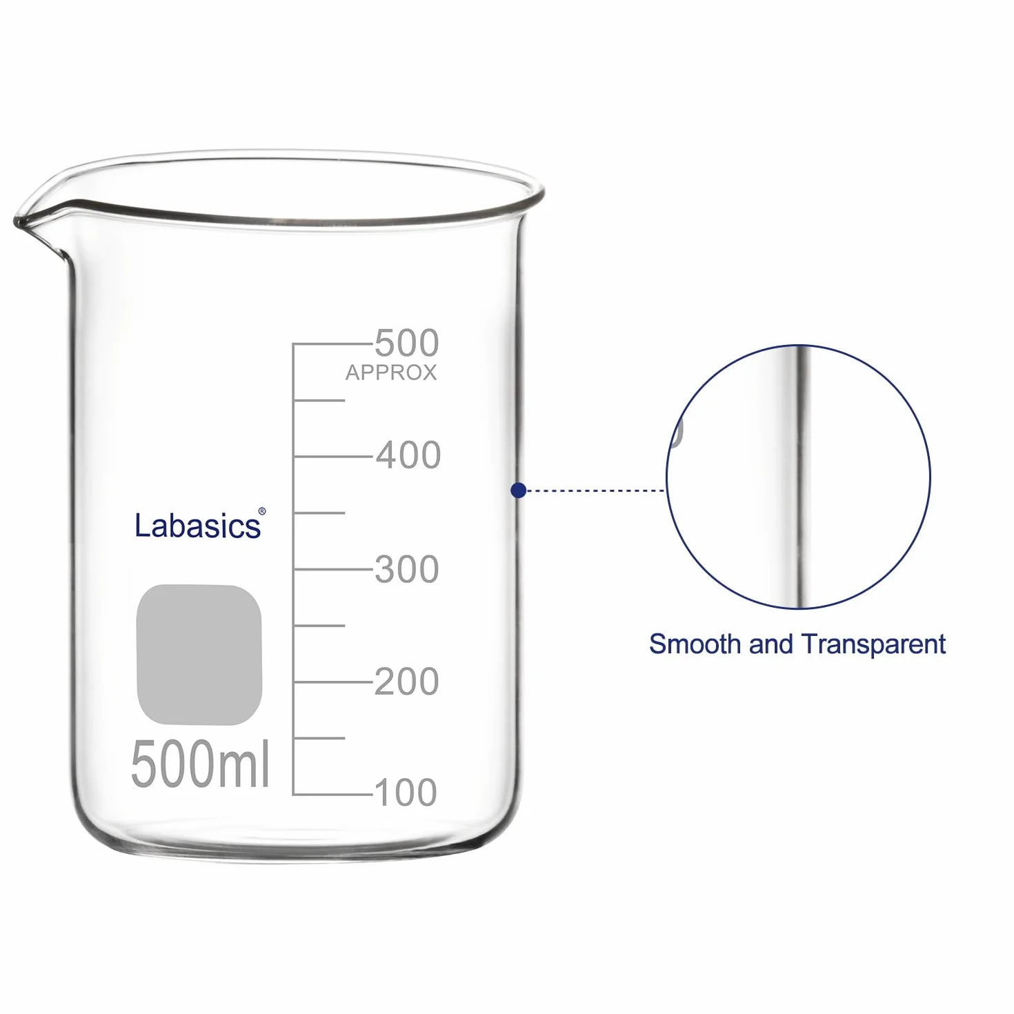 Labasics Szklany kubek, 1 opakowanie, szkło borokrzemowe, z uchwytem o głębokim kształcie, z lejkiem, 500 ml, odporne na wysokie temperatury, zastosowanie laboratoryjne
