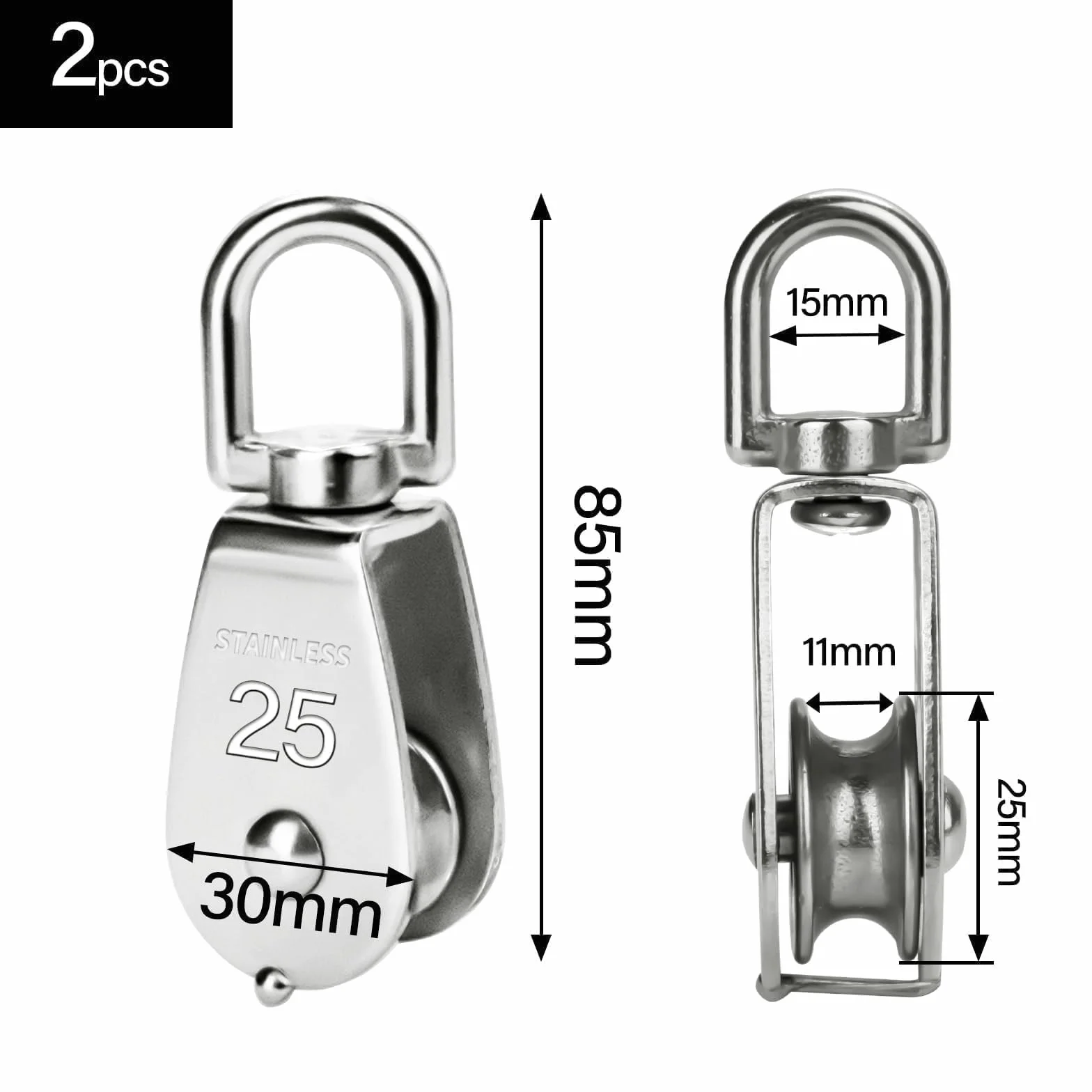 SWTYExt 2 sztuki małe bloczki 25mm, bloczki M25 do linki, nośność 150 kg, stal nierdzewna 304, bloczek linowy z łożyskiem kulkowym do linki o średnicy do 11 mm