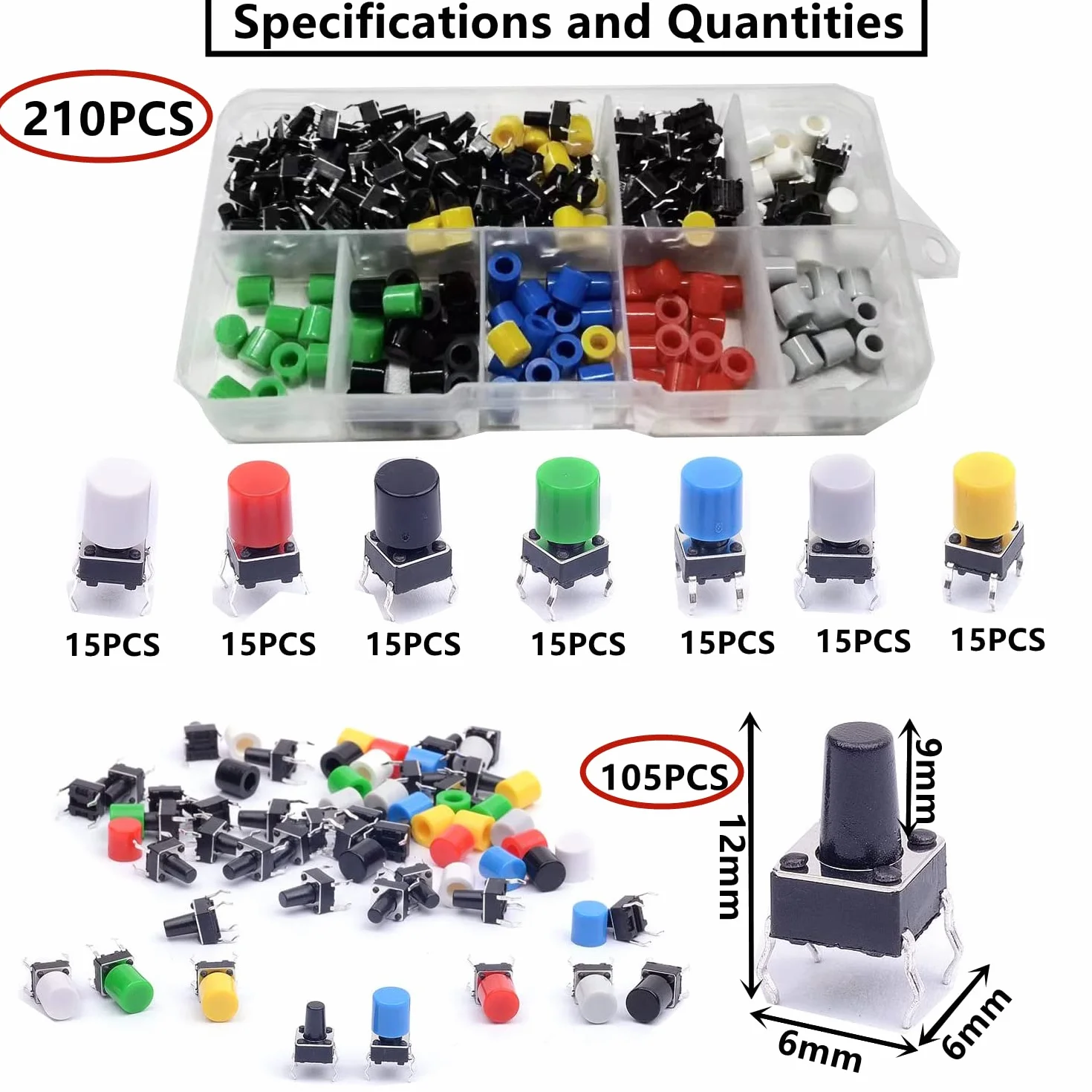 HUAZIZ 105 sztuk miniaturowy przycisk dotykowy przełącznik SPST 6 x 6 x 9 mm PCB