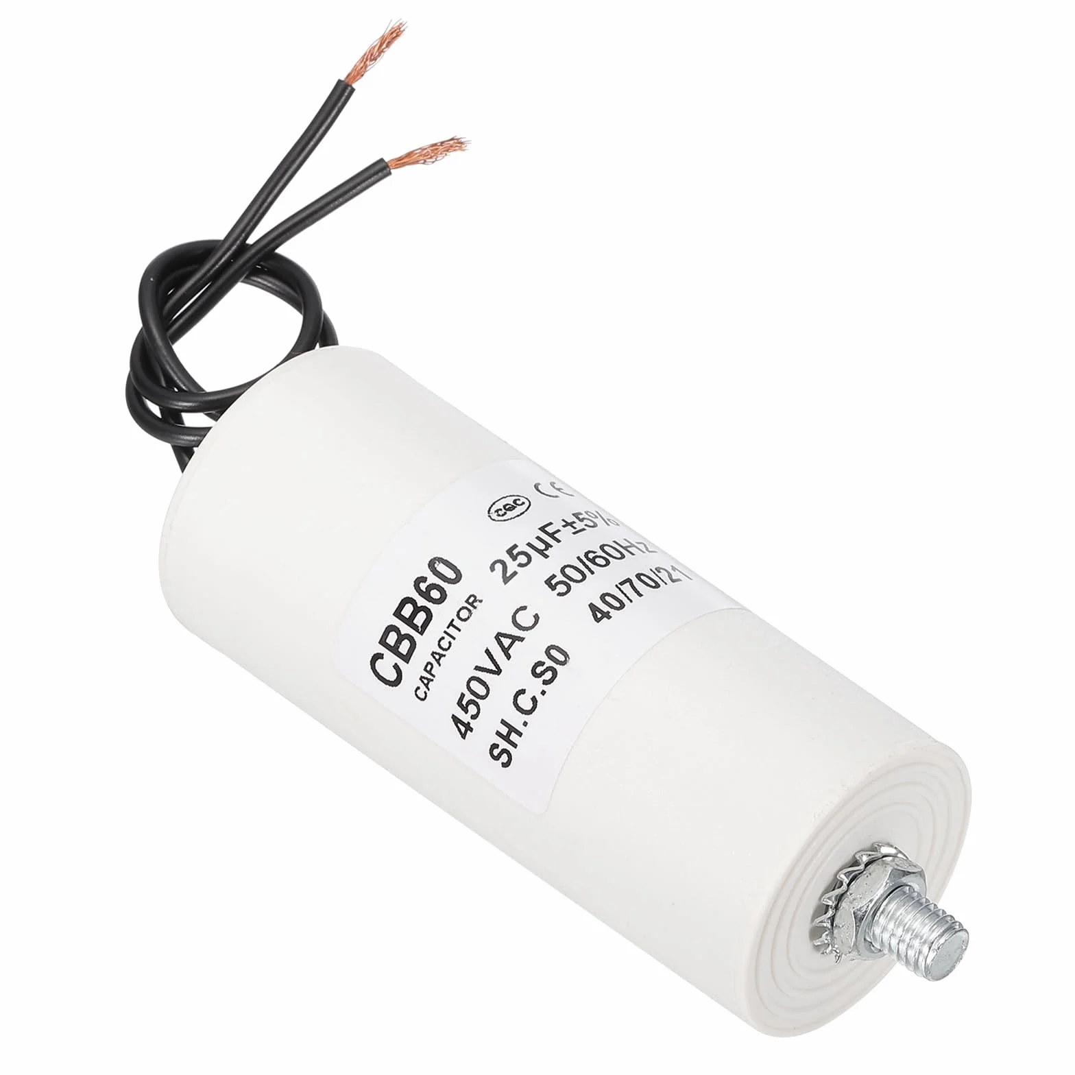 PATIKIL Kondensator rozruchowy 25uF CBB60 AC 450 V, 2 przewody 50/60 Hz, dno cylindra ze śrubami M8 x 15 mm, do pralki, silnika pompy wodnej, gwiazda, 95 x 40 mm, biały