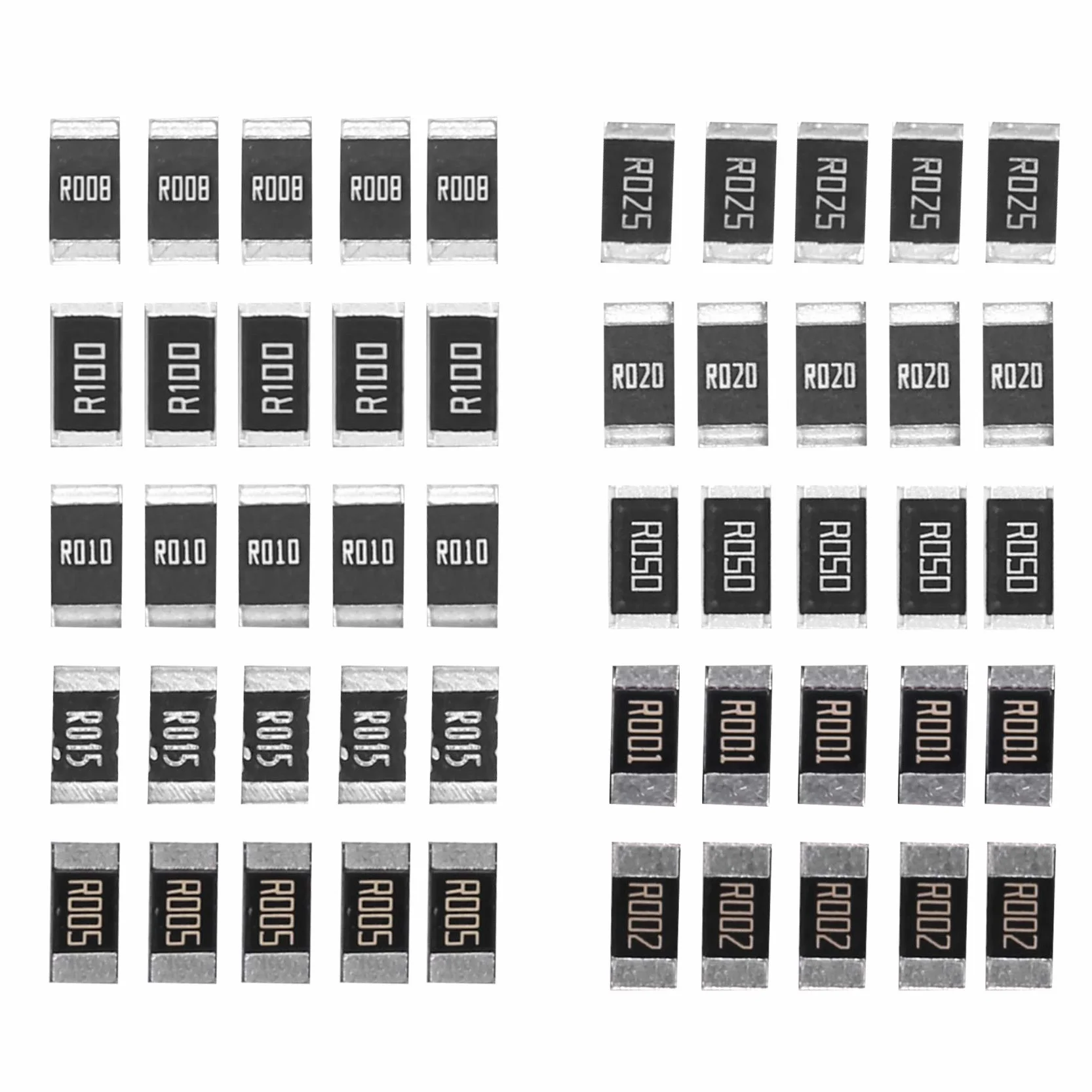 50 . zestaw próbek rezystorów SMD 2512, 10 rodzajów x 5 . = 50 . R001 R002 R005 R008 R010 R015 R020 R025 R050 R100