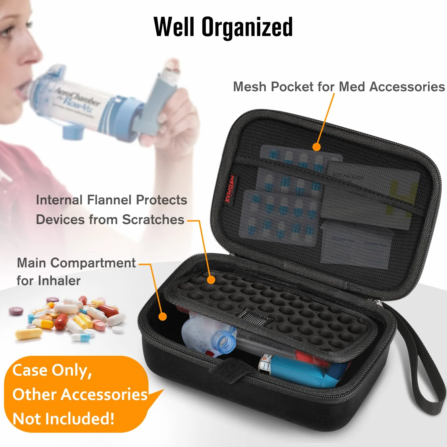 MEDMAX Tragbare Tasche für Asthma Inhalator, schützende stoßfeste Medizin-Reise-Tragetasche mit Clip und Trageriemen kompatibel mit Kammerinhalator-Abstandsmasken, Schwarz