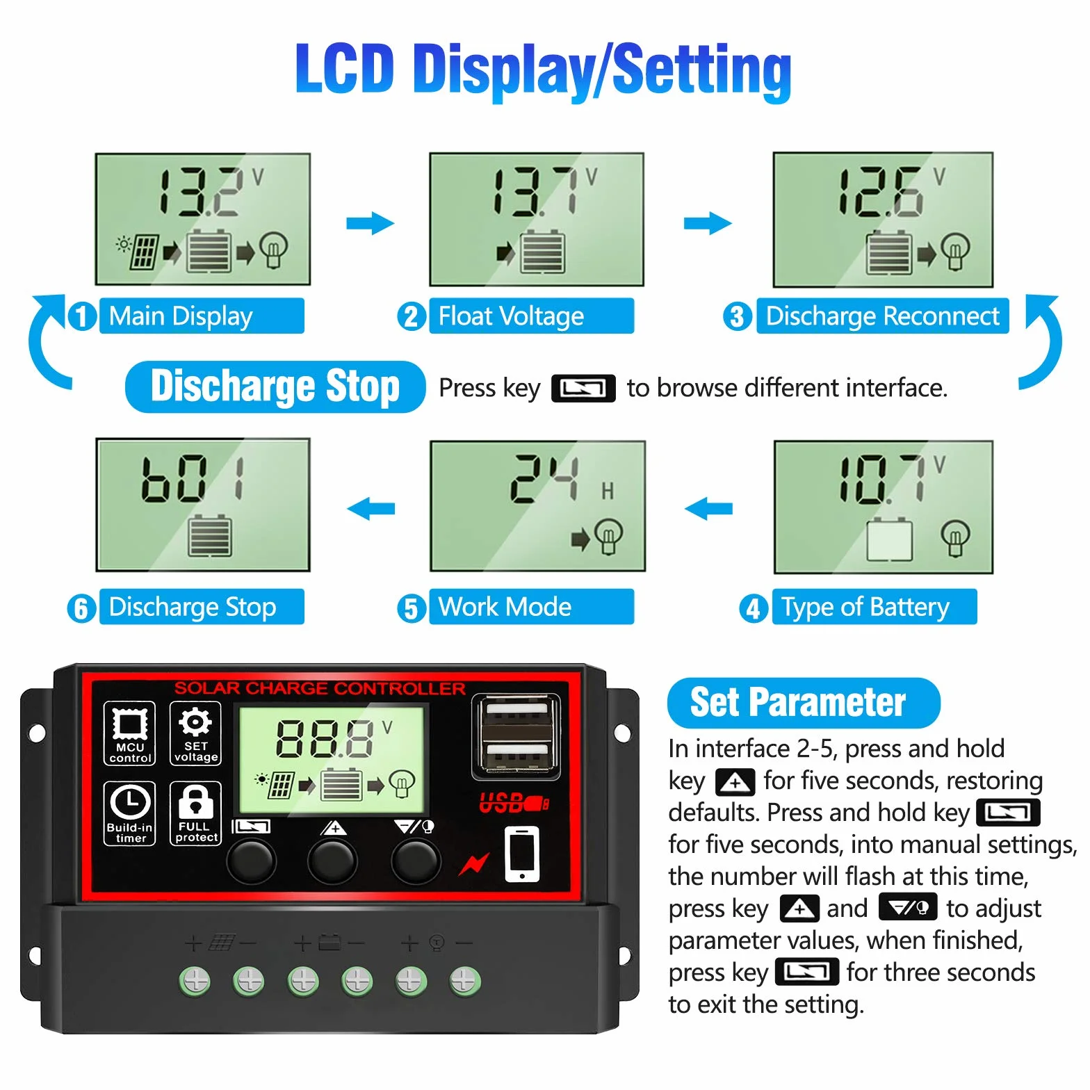 30A regulator ładowania słonecznego, 12V/24V regulator PWM regulator panelu słonecznego regulowanym wyświetlaczem LCD ustawienie timera PWM automatyczny parametr regulatora panelu słonecznego, czarny