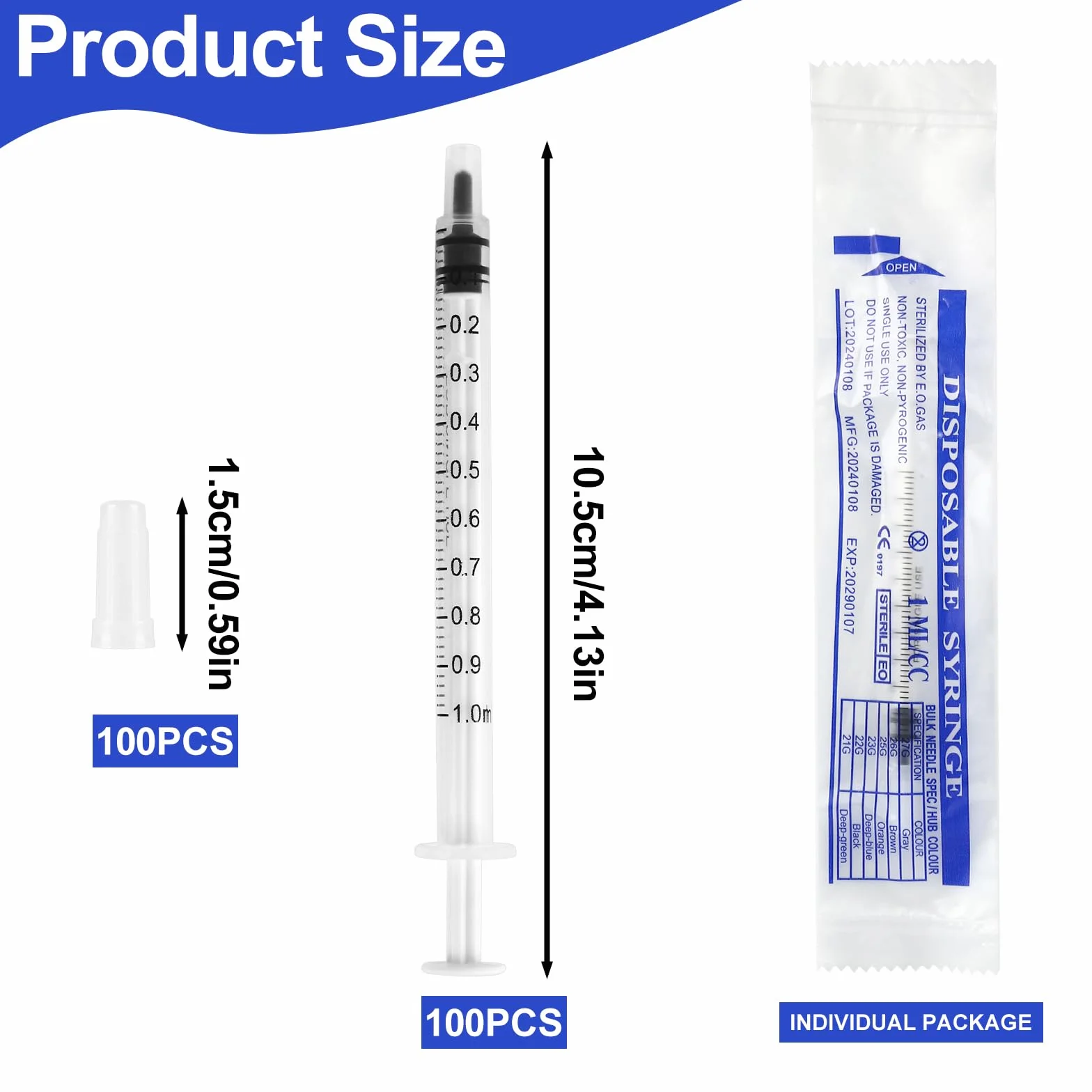 100 sztuk strzykawek 1 ml, strzykawki z siarą bez igły, jednorazowe strzykawki z nasadką, pojedynczo zapakowane strzykawki 1 ml, sterylne do laboratoriów naukowych, karmienia zwierząt