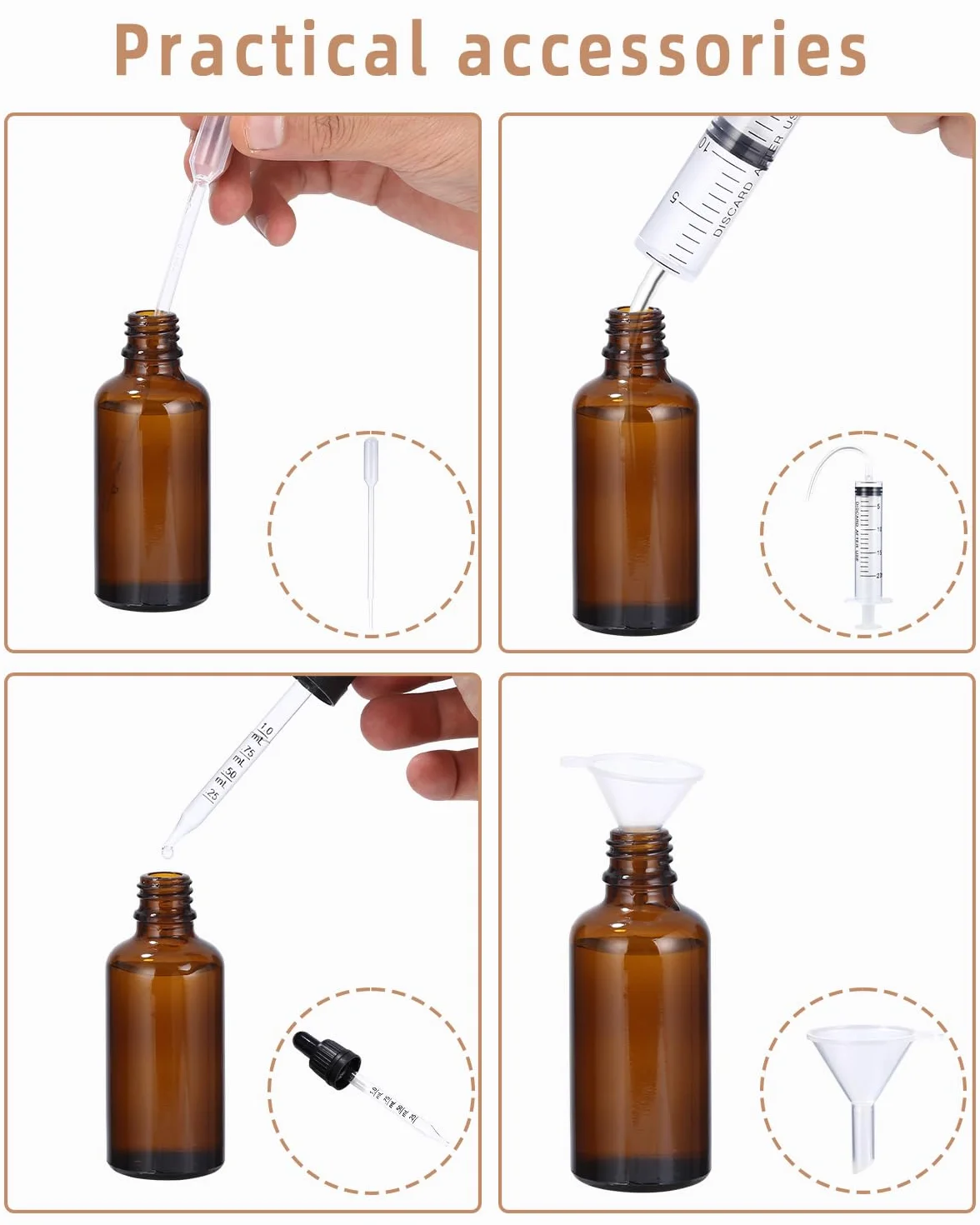 6szt 50ml bursztynowa szklana butelka z pipetą, szklana butelka z pipetą, butelka aptekarska, bursztynowa szklana butelka z pipetą, butelka z zakraplaczem, z naklejką lejka i etykietą Dropping Bottles