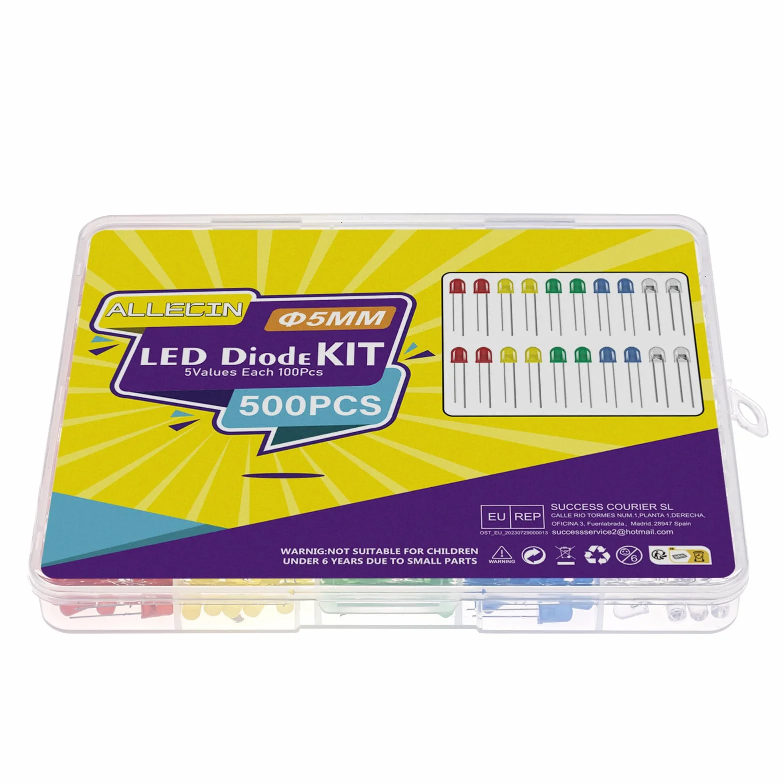 Zestaw 500 diod LED 5 mm diody LED o wysokiej jasności 5 kolorów niebieski czerwony biały żółty zielony dyfuzor emitujący światło diody 5 mm okrągłe 2 piny do majsterkowania (100 szt. dla