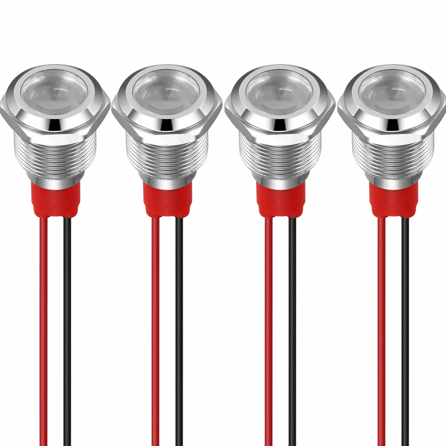 GUUZI 12mm Lampka Kontrolna LED 12-24V Wodoodporna Lampka Sygnalizacyjna Panel Metalowy Wskaźnik LED Lampka Sygnalizacyjna Mocowanie Panelu Głowica Płaska z Przewodami Srebrny Skorupa(Biały, 4 szt)