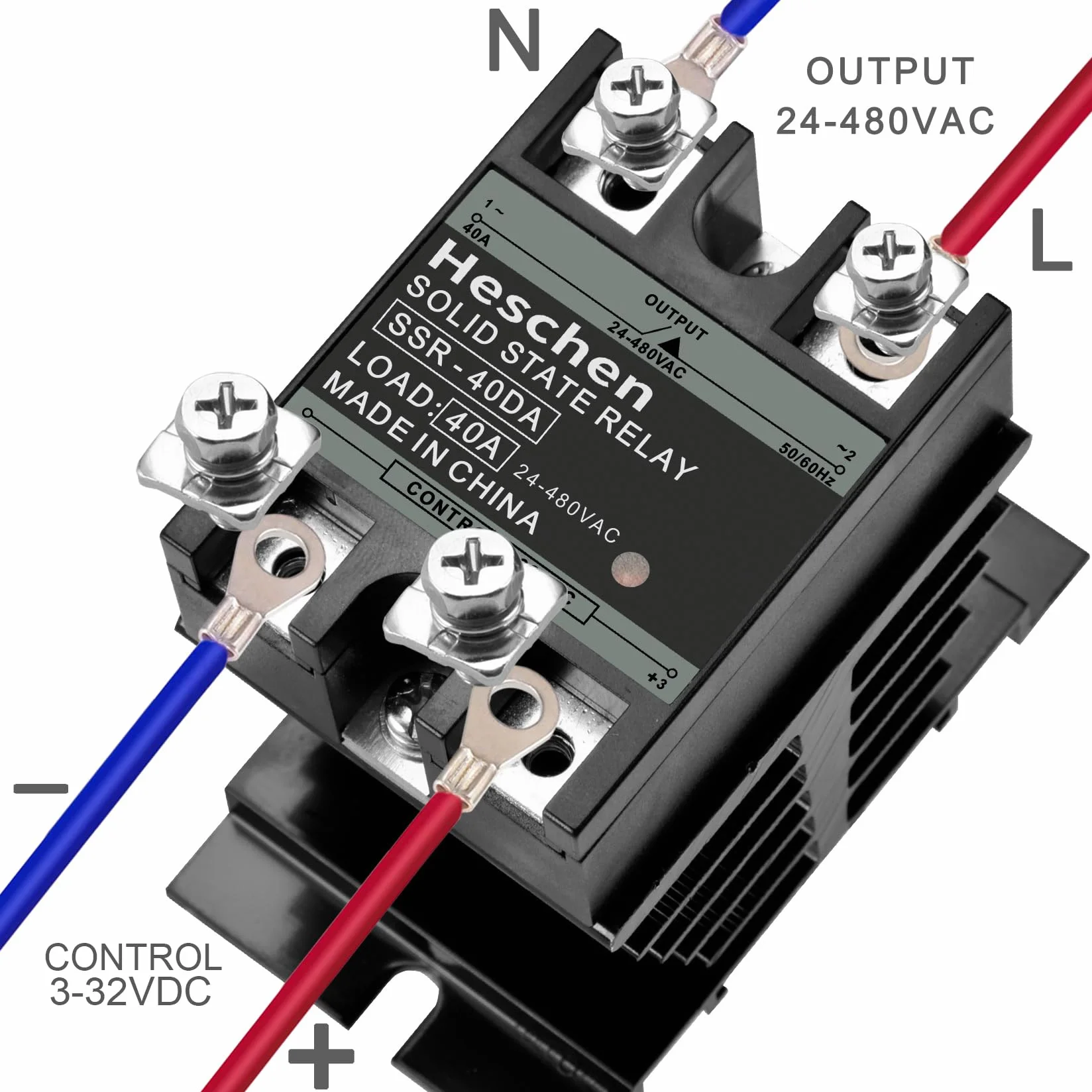 Heschen Jednofazowy przekaźnik półprzewodnikowy DC/AC, SSR-40DA, wejście 4-32VDC, wyjście 24-480VAC, 40A 50-60Hz, z radiatorem