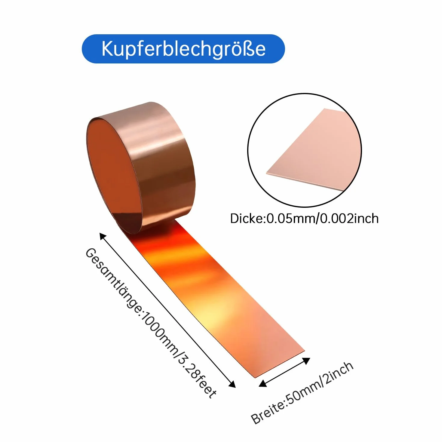 kupferband Rura miedziana, blacha miedziana 1000 x 50 x 0,05 mm, nadająca się do różnych prac remontowych i rzemiosła w domu