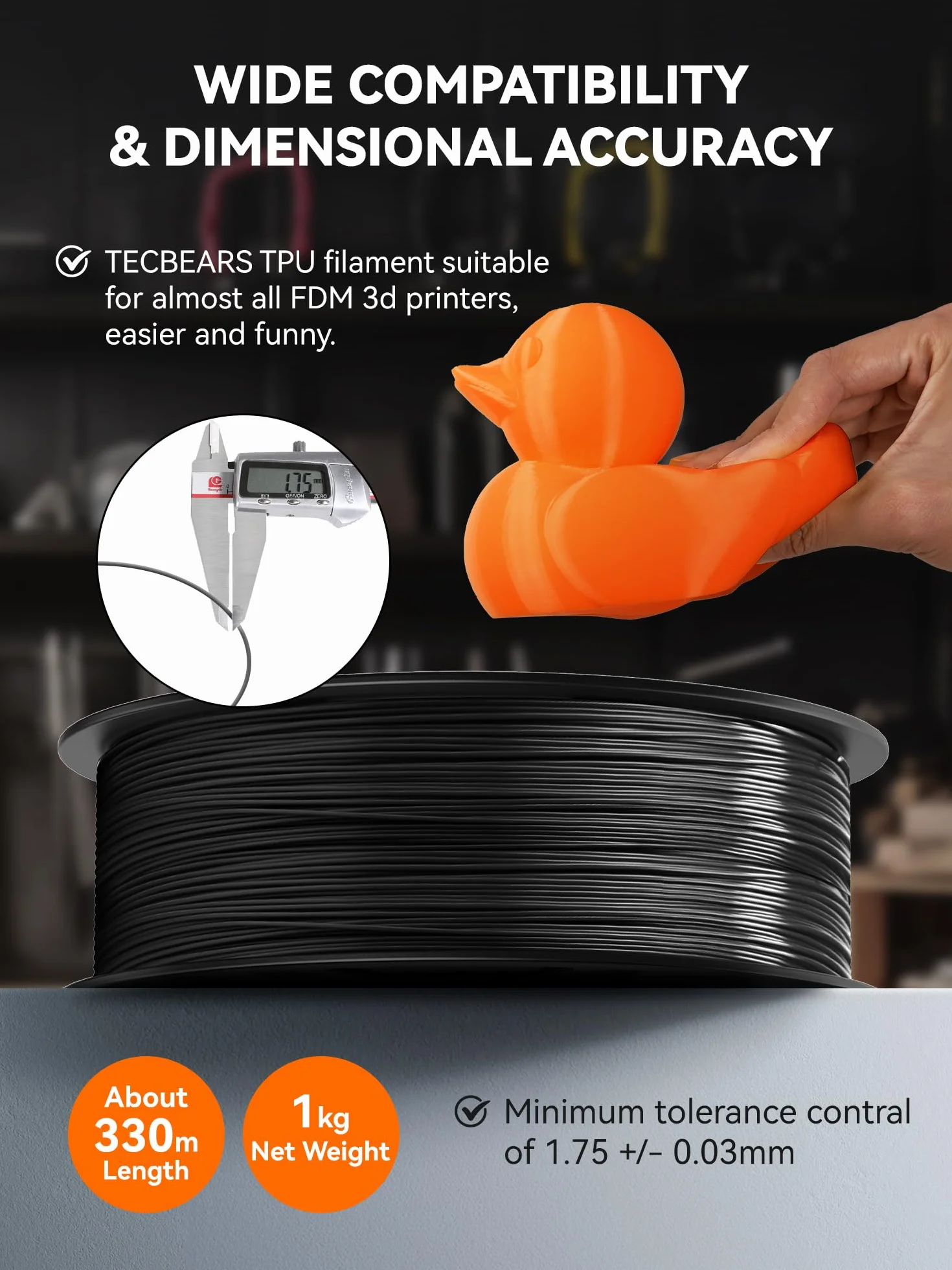 TECBEARS Elastyczny filament TPU 1,75 mm, twardość TPU 95 A, dokładność wymiarowa +/- 0,03 mm, szpula 1 kg, szary
