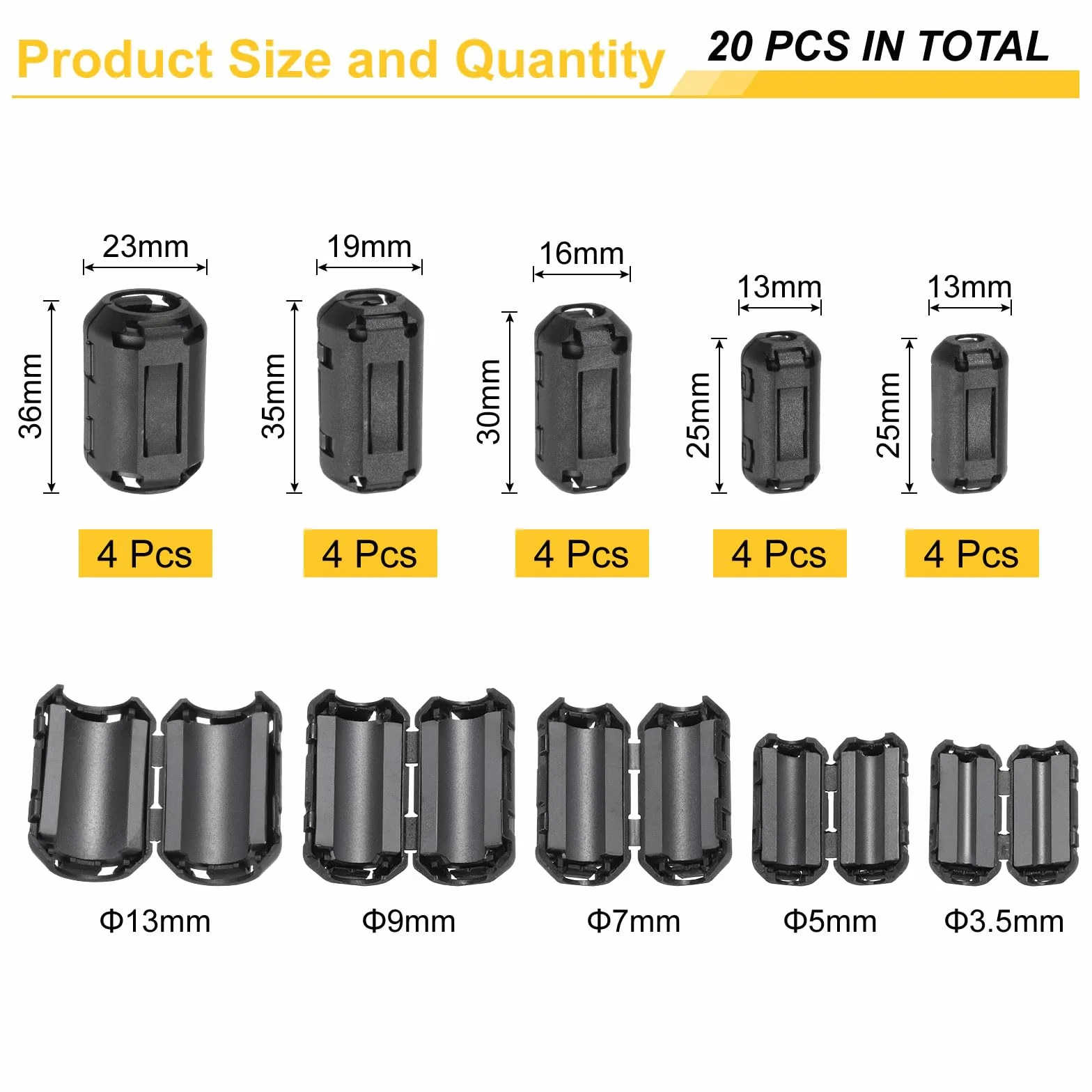 QUARKZMAN 20 szt. Clip-on Ferrite Ring Core (5 rozmiarów), pierścienie ferrytowe EMI RFI do kabli 3,5 mm/5 mm/7 mm/9 mm/13 mm, czarny