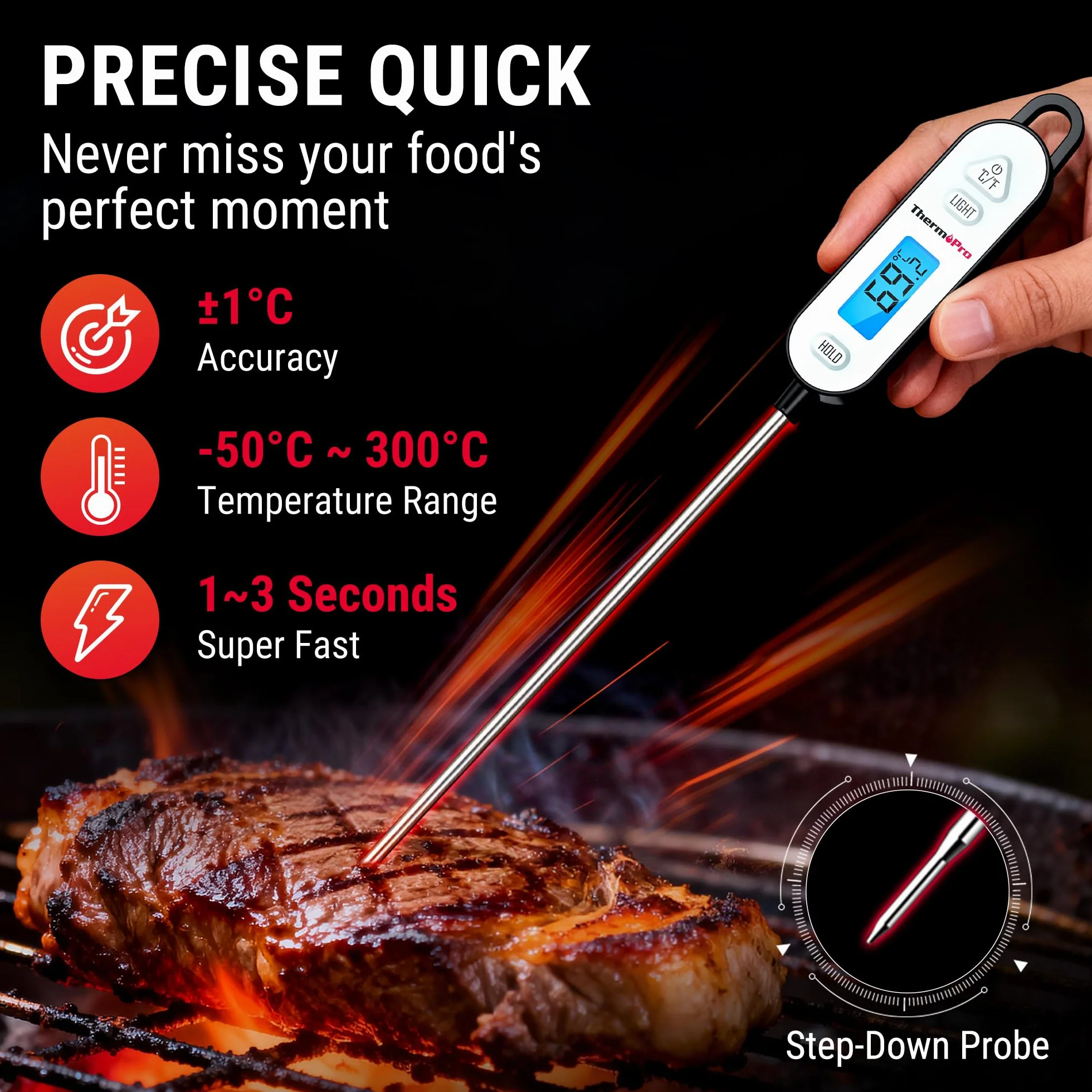 ThermoPro Cyfrowy termometr do mięsa ze składaną sondą do smażenia, wędzenia, grilla