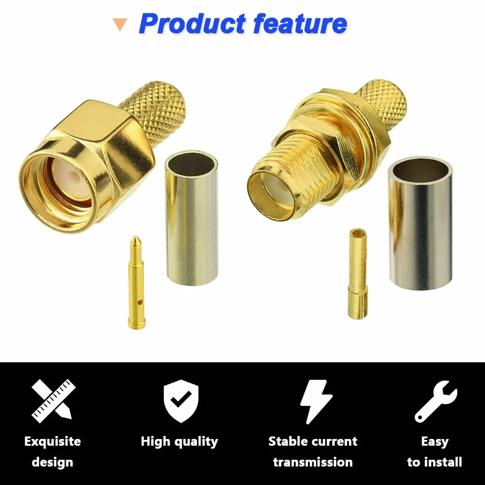 SMA Crimp Connector Kit, SMA męski Bulkhead Crimp Connector with SMA Female Bulkhead Crimp Connector, Gold Plated Solder RF Connector for RG316 RG174 Cable (12 szt.)