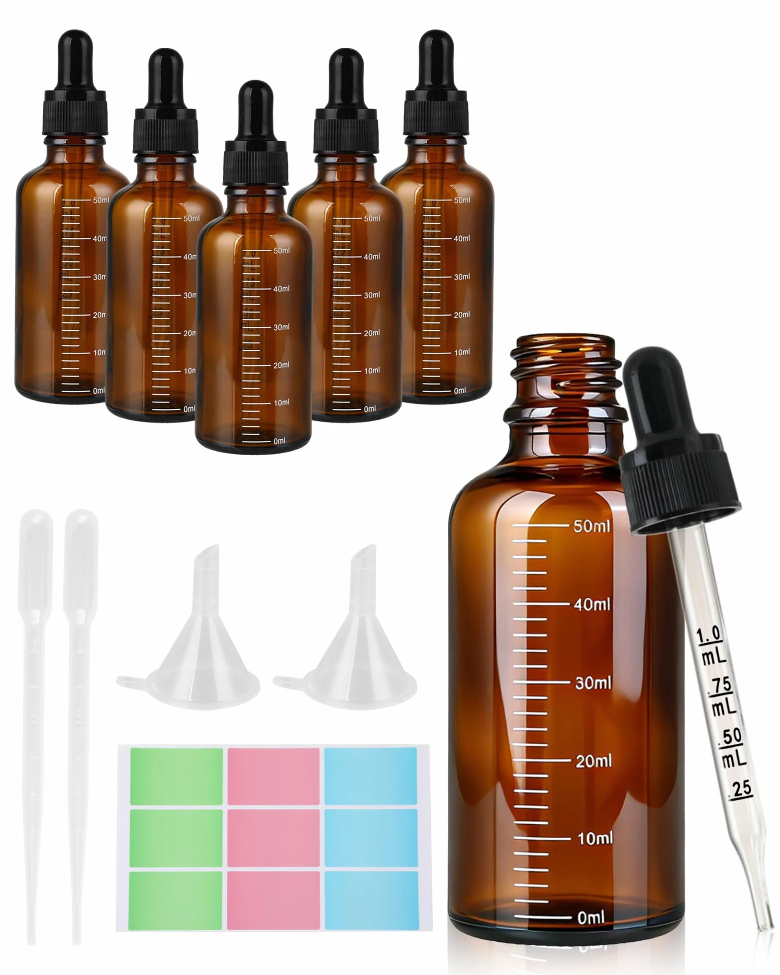 6 butelek z pipetą 50 ml – butelki z zakraplaczem z brązowego szkła z 2 lejkami, 2 pipetami, 1 arkuszem etykiet, idealne do olejków eterycznych, aromaterapii, laboratorium i barwników