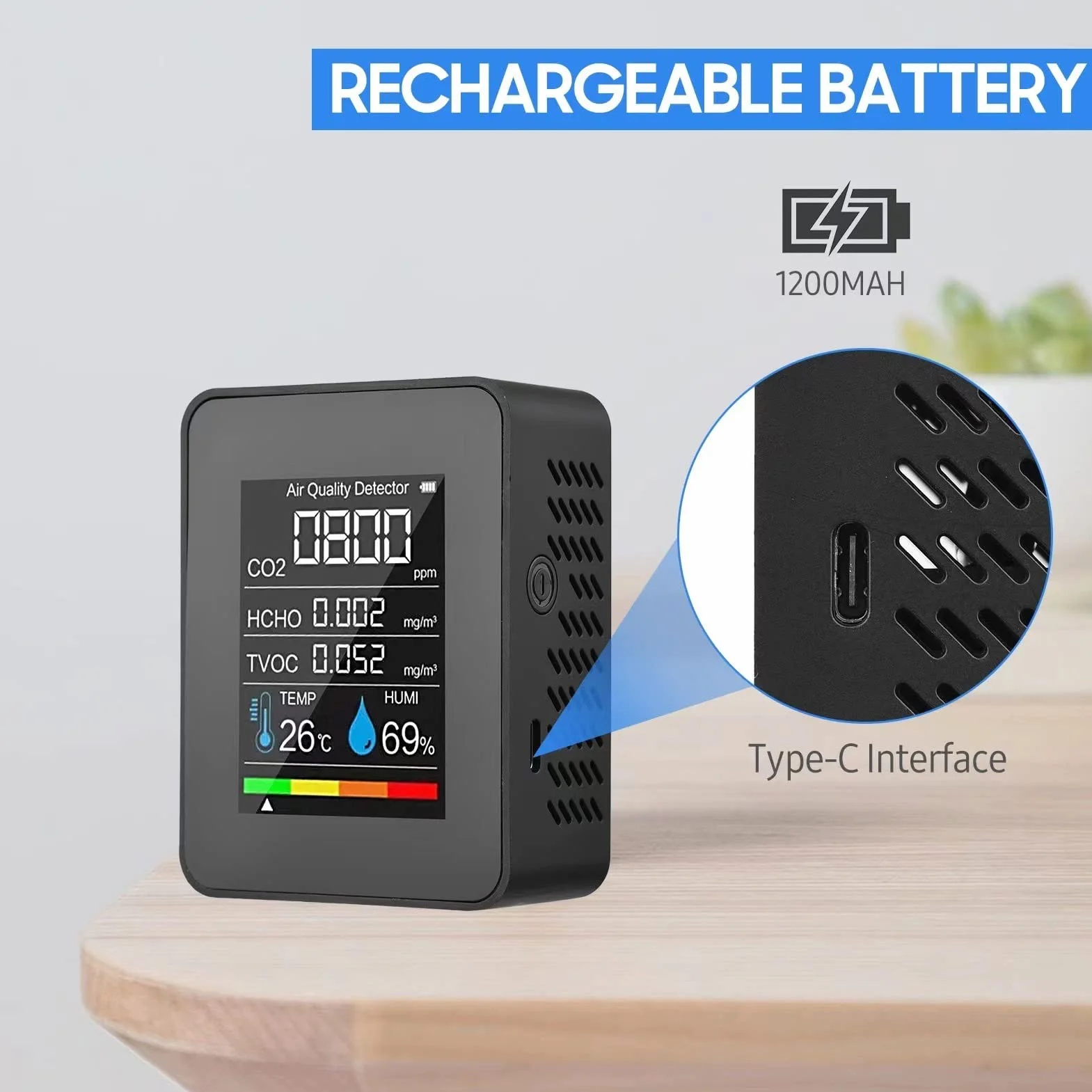 Monitor Jakości Powietrza, Detektor CO2 Czarny Detektor Dwutlenku Węgla CO2 LCD TVOC HCHO Temperatura Wilgotność Monitor Jakości Powietrza Miernik Monitor CO2 do Namiotów