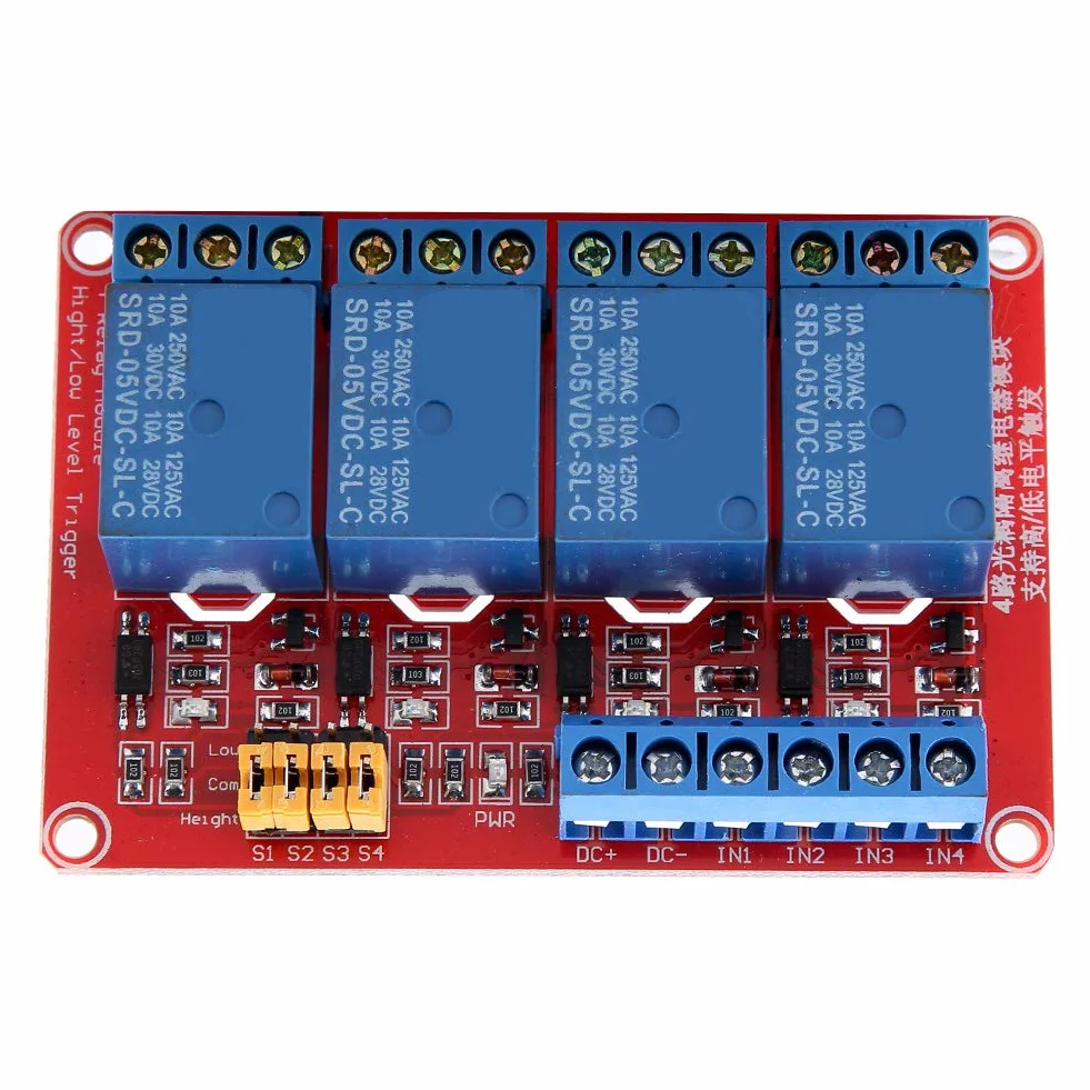 4-kanałowy moduł przekaźnikowy, płytka modułu przekaźnika transoptora Wyzwalacz wysoki i niski 5 V / 12 V / 24 V, 4-kanałowa płytka modułu przekaźnika Wyzwalacz wysokiego i niskiego poziomu (5 V)