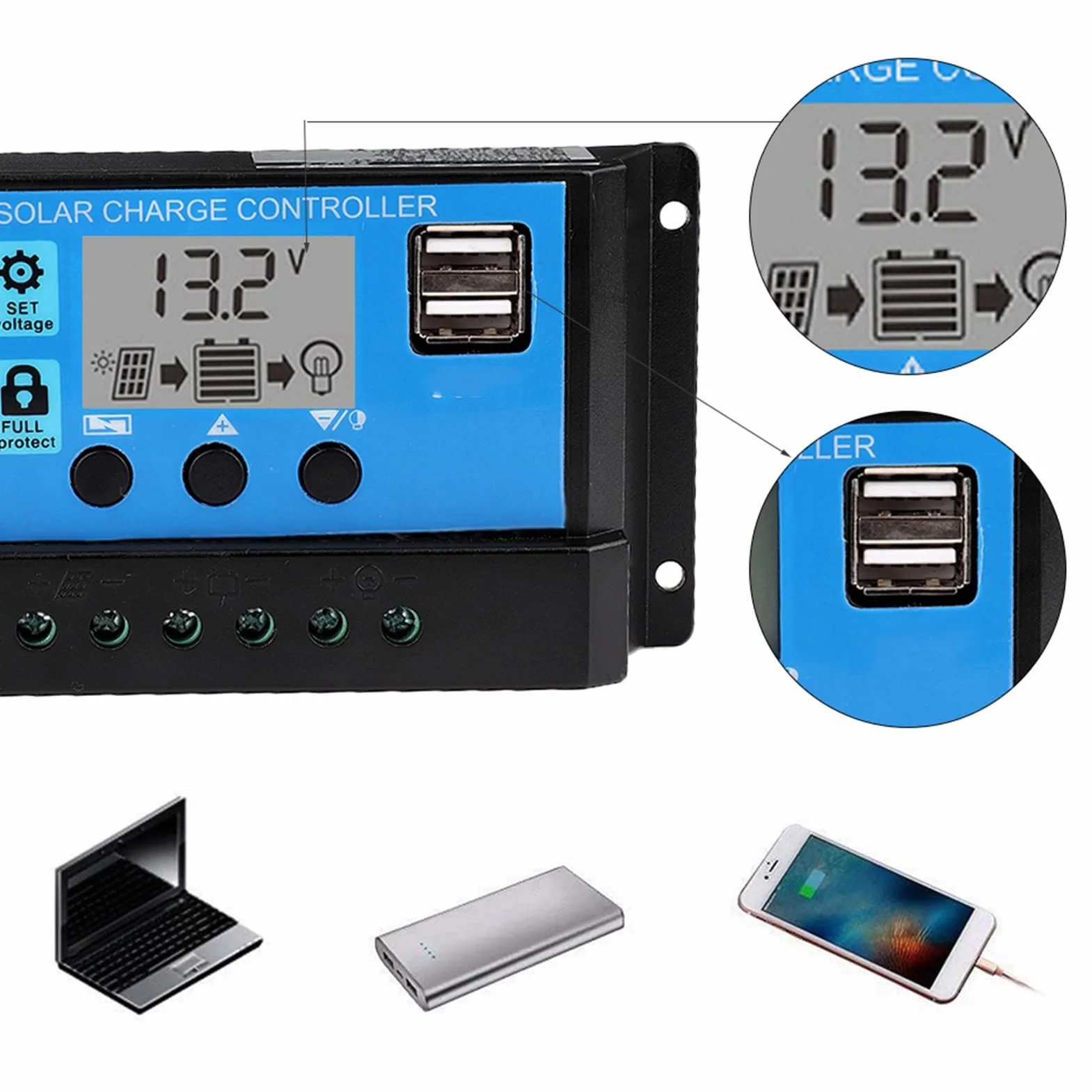 Regulator ładowania słonecznego, PWM 12 V 24 V, automatyczny regulator ładowania solarnego, regulator baterii panelu słonecznego, podwójny wyświetlacz LCD USB (40 A)