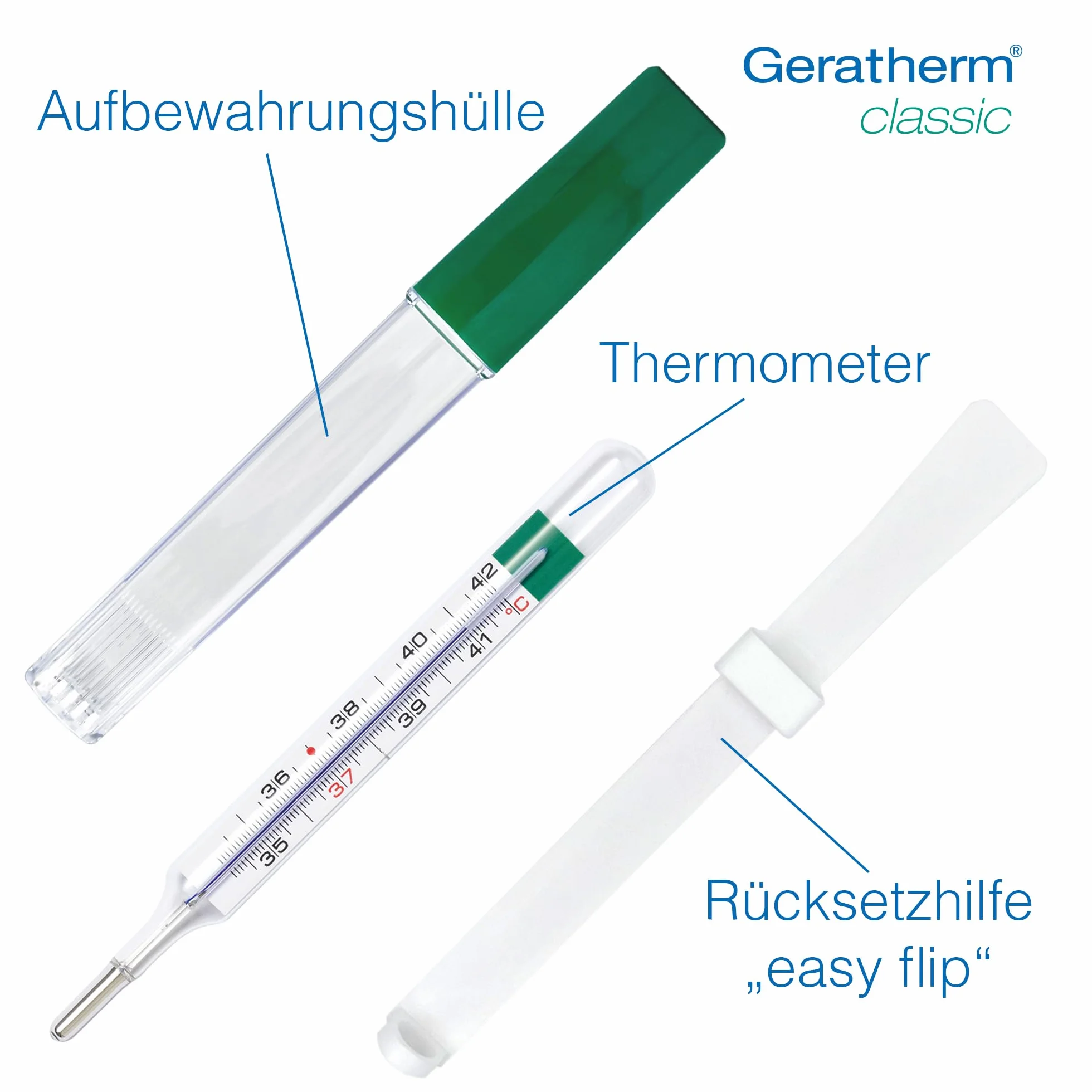 Geratherm Klasyczny analogowy termometr na gorączkę bez rtęci, dożywotnia precyzja, Made in Germany
