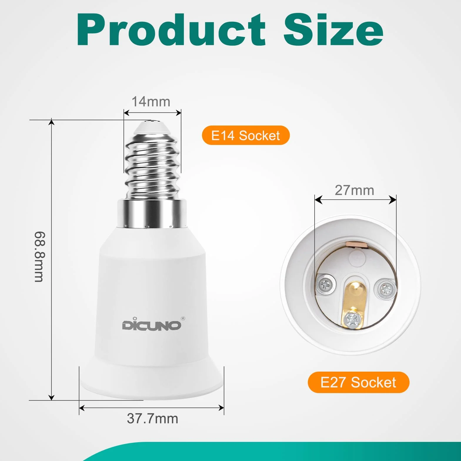 DiCUNO Adapter E14 na E27, konwerter cokołu lampy, mała na dużą oprawkę Edisona, E14 do E27, odporny na wysokie temperatury, do lamp LED, żarówek i żarówek CFL, 2 sztuki w opakowaniu