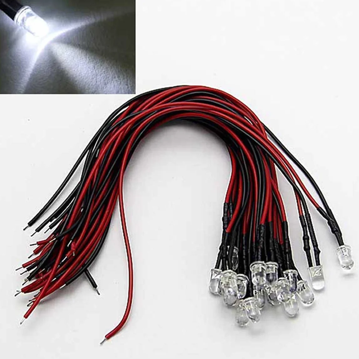 20 x 3 mm LED z kablem 20 cm 12 V DC/LED gotowe okablowanie (3 mm, białe)
