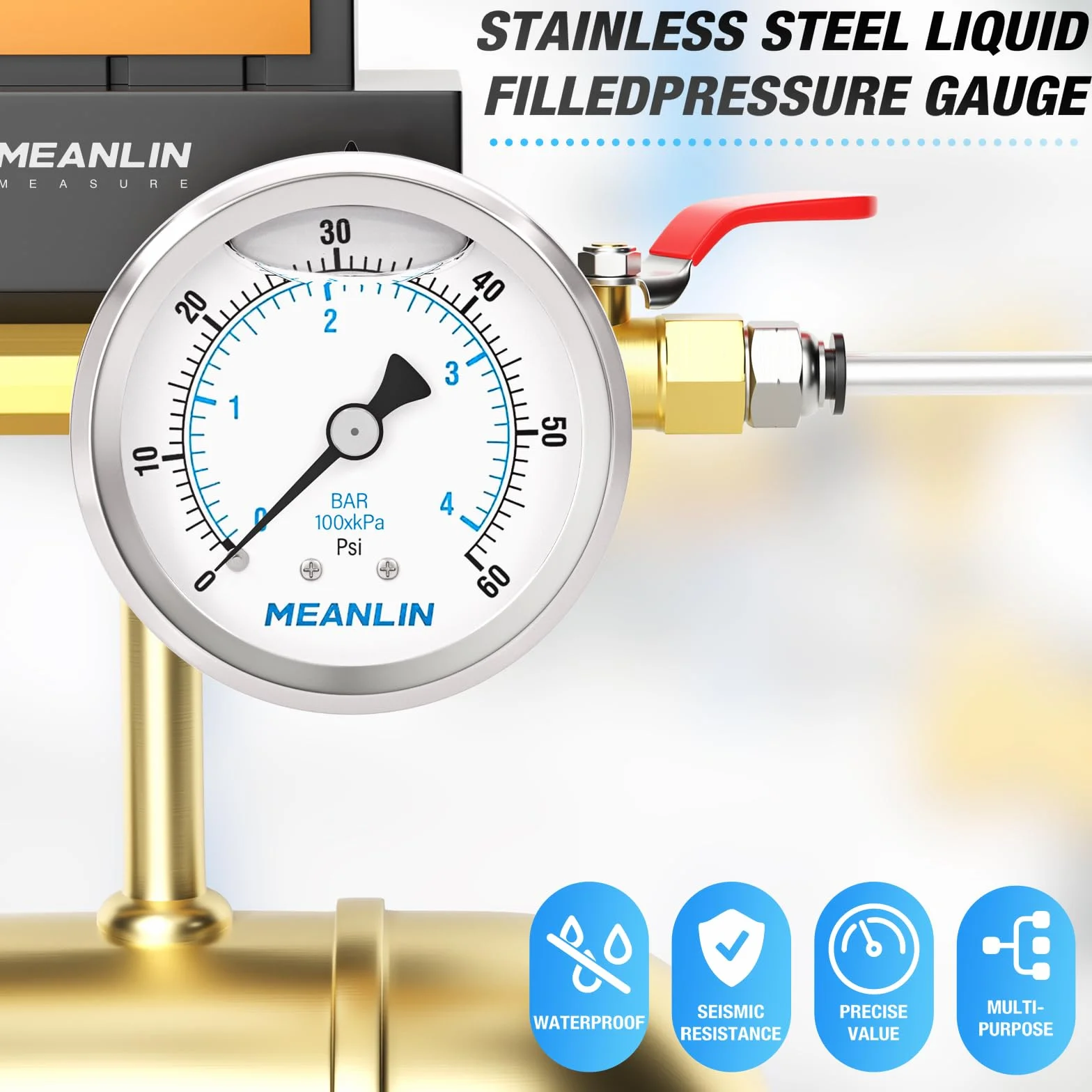 MEANLIN MEASURE 0-4BAR/0~60Psi ze stali nierdzewnej 1/4" BSP 2,5" FACE DIAL WOG uchwyt na wodę z tyłu powietrza, z 1/4" x 1/2" BSP i 1/4" x 3/8" BSP Hex Bushing