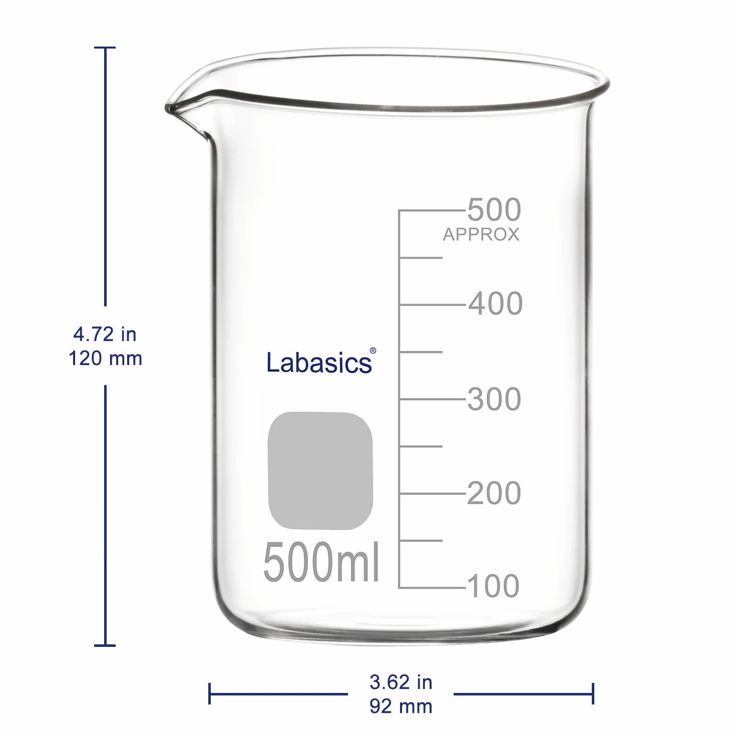 Labasics Szklany kubek, 1 opakowanie, szkło borokrzemowe, z uchwytem o głębokim kształcie, z lejkiem, 500 ml, odporne na wysokie temperatury, zastosowanie laboratoryjne