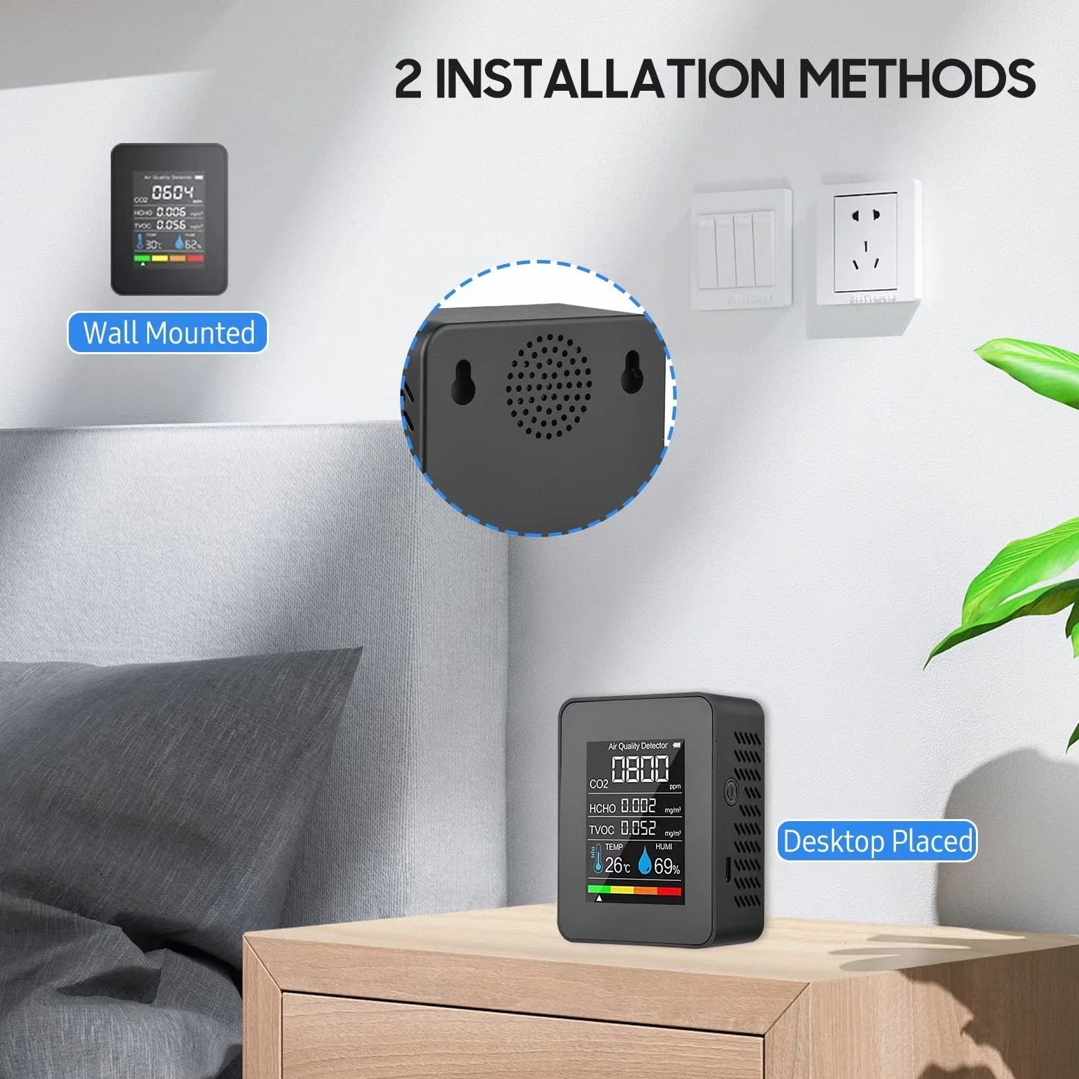 Monitor Jakości Powietrza, Detektor CO2 Czarny Detektor Dwutlenku Węgla CO2 LCD TVOC HCHO Temperatura Wilgotność Monitor Jakości Powietrza Miernik Monitor CO2 do Namiotów