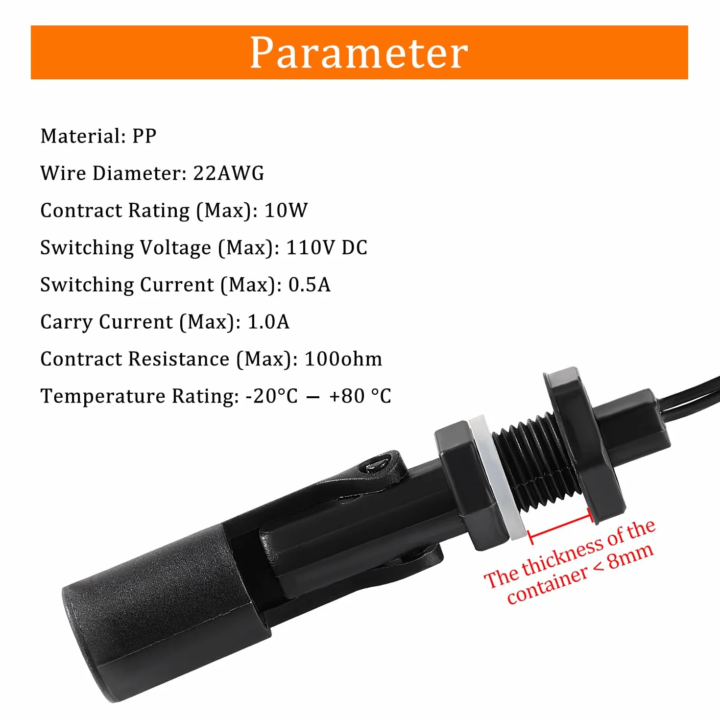 2 Sztuk M12 10W Czujnik Poziomu Wody, Poziomy Wyłącznik Pływakowy z Boku PP, Czujniki Poziomu Cieczy, ze Złącza Sprężynowe, w Zbiorniku Akwarium, Czarny
