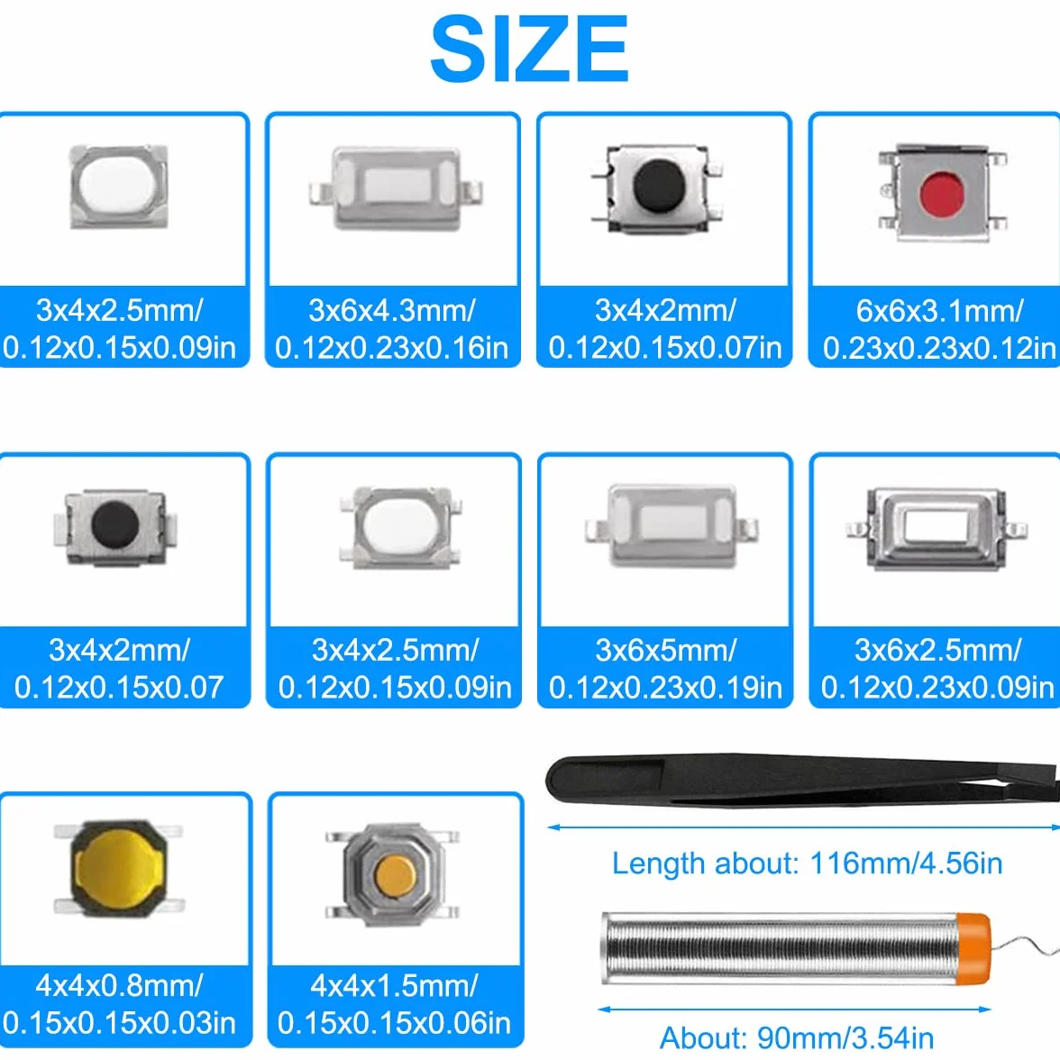 10 Value Micro Switch Dotykowy Przycisk Push Button, Momentary Tact Asortyment Zestaw Przełącznik kart elektronicznych (250 sztuk) z plastikowym pudełkiem do pilota samochodowego