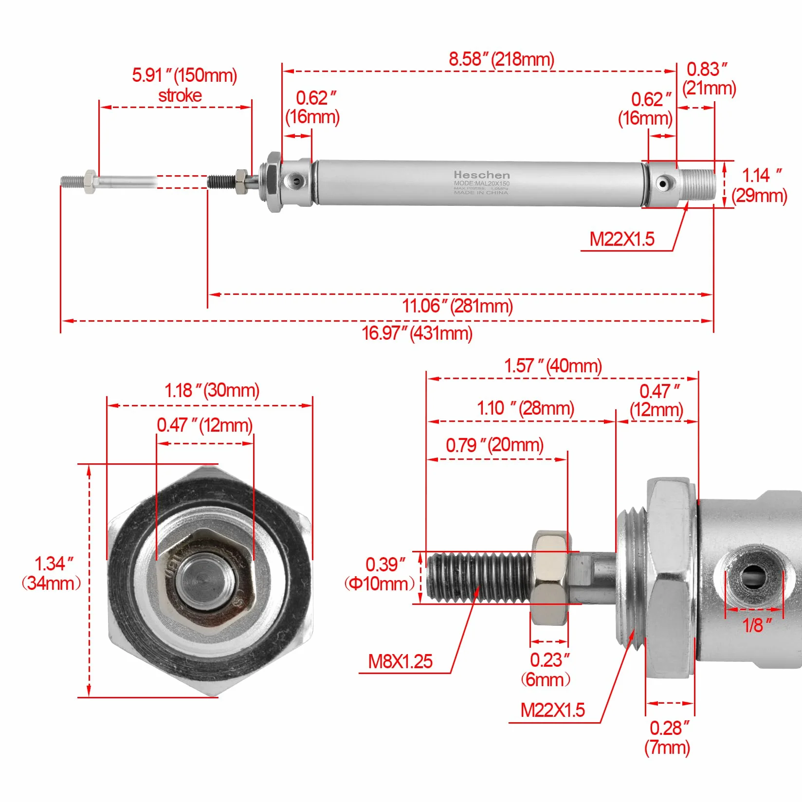 Heschen Pneumatyczny cylinder MAL 20-150 PT1/8 20 mm otwór 150 mm skok dwustronnego działania