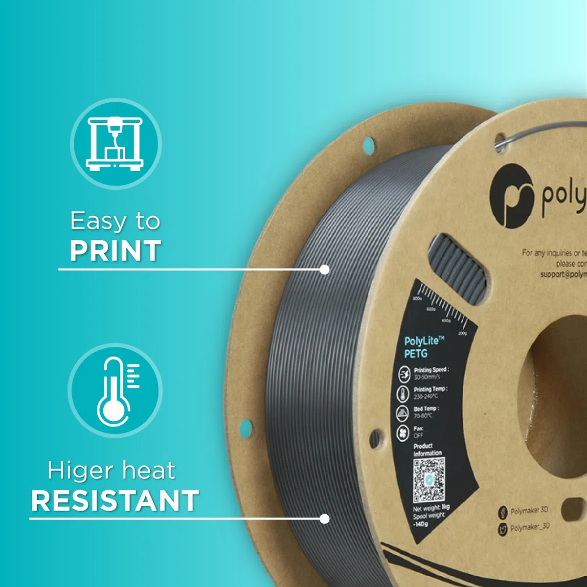 Polymaker PolyLite PETG - 1,75 mm - 1 kg - ciemnoszary