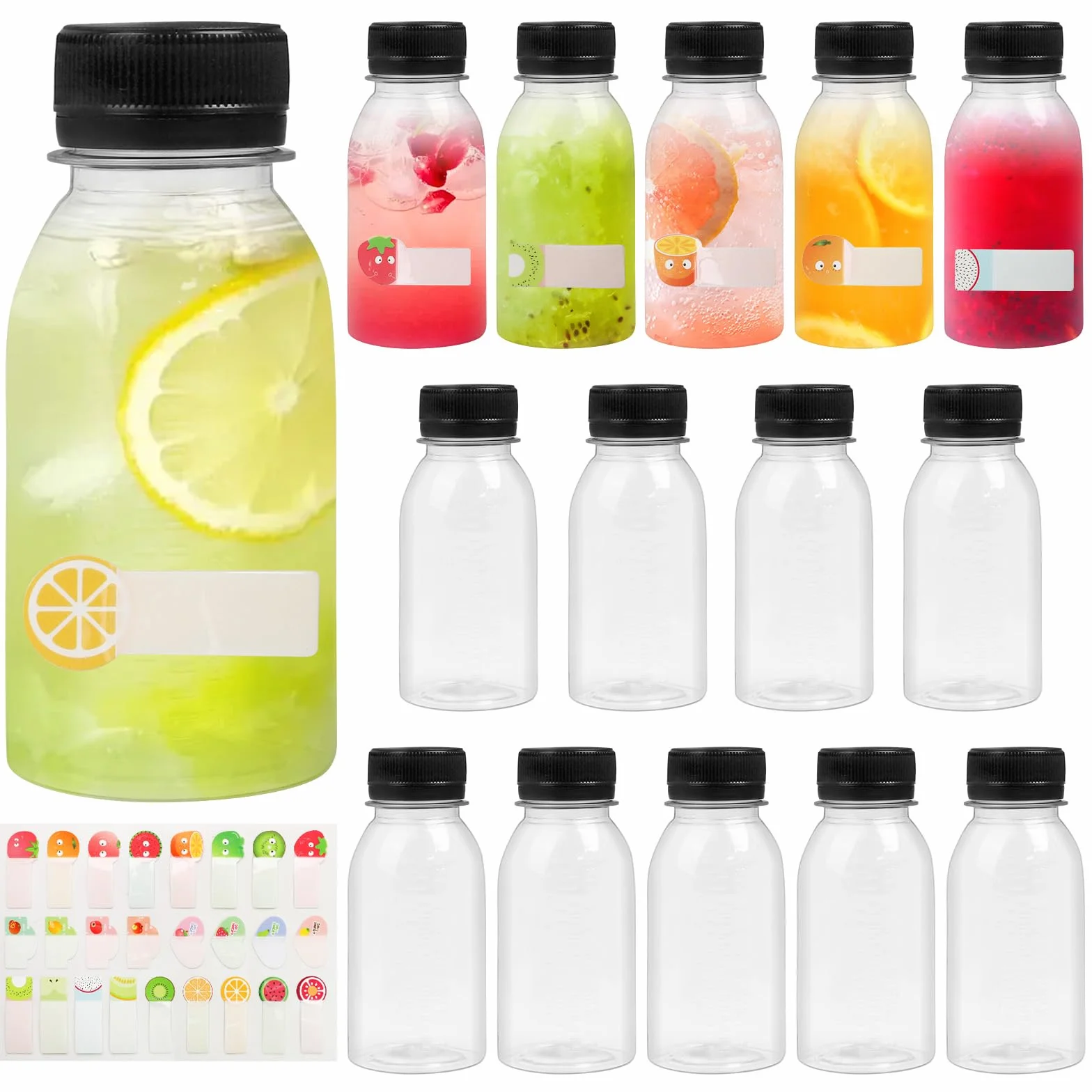 14 sztuk butelek na sok do napełniania, 100 ml, mini butelka plastikowa z naklejką, mini butelka wielokrotnego użytku do napełniania soków owocowych, mleka, wody i koktajli mlecznych