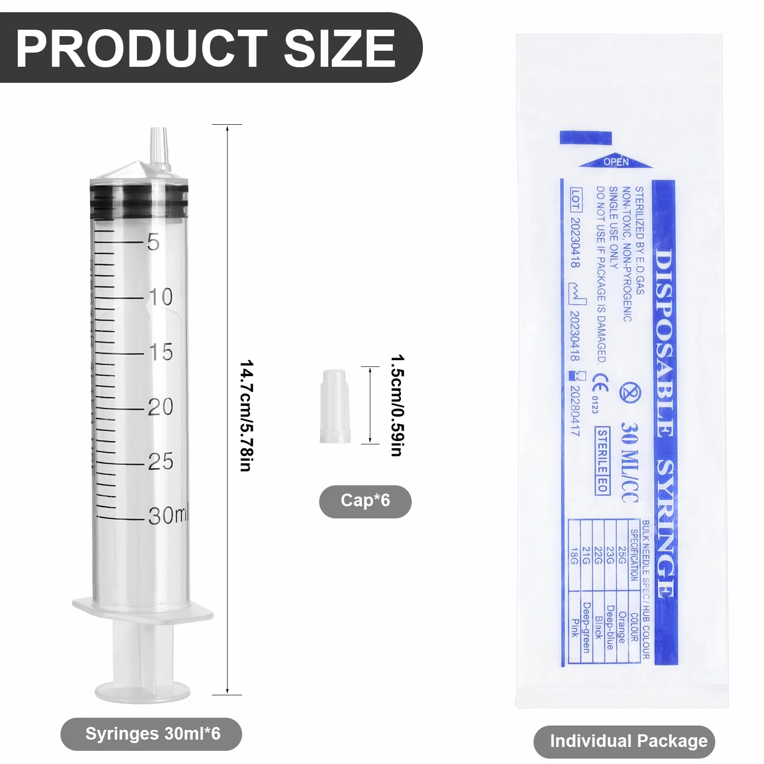 Strzykawka z tworzywa sztucznego, 6 sztuk, 30 ml, sterylne strzykawki do laboratoriów naukowych, strzykawka do pomiaru płynów, karmienia (6 x 30 ml)