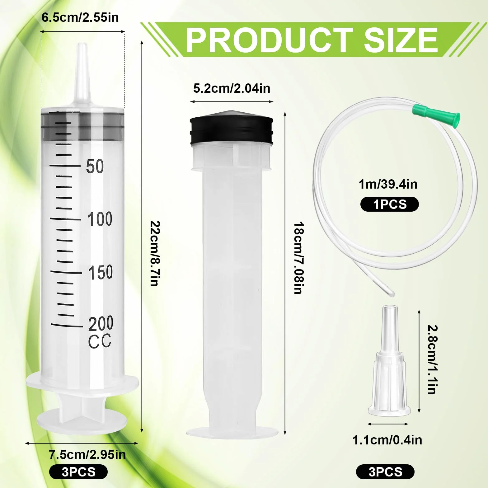 Strzykawka z tworzywa sztucznego, 200 ml, 3 szt. wielokrotnego użytku, duża objętość strzykawki z tworzywa sztucznego, indywidualnie owinięta plastikowa strzykawka z nakrętką, strzykawka bez kaniuli,