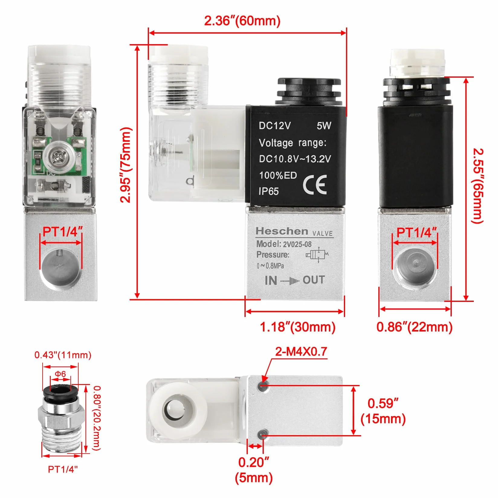 Heschen elektryczny zawór elektromagnetyczny 2V025-08 12 VDC PT1/4 2/2 drożny normalnie zamknięty IP65