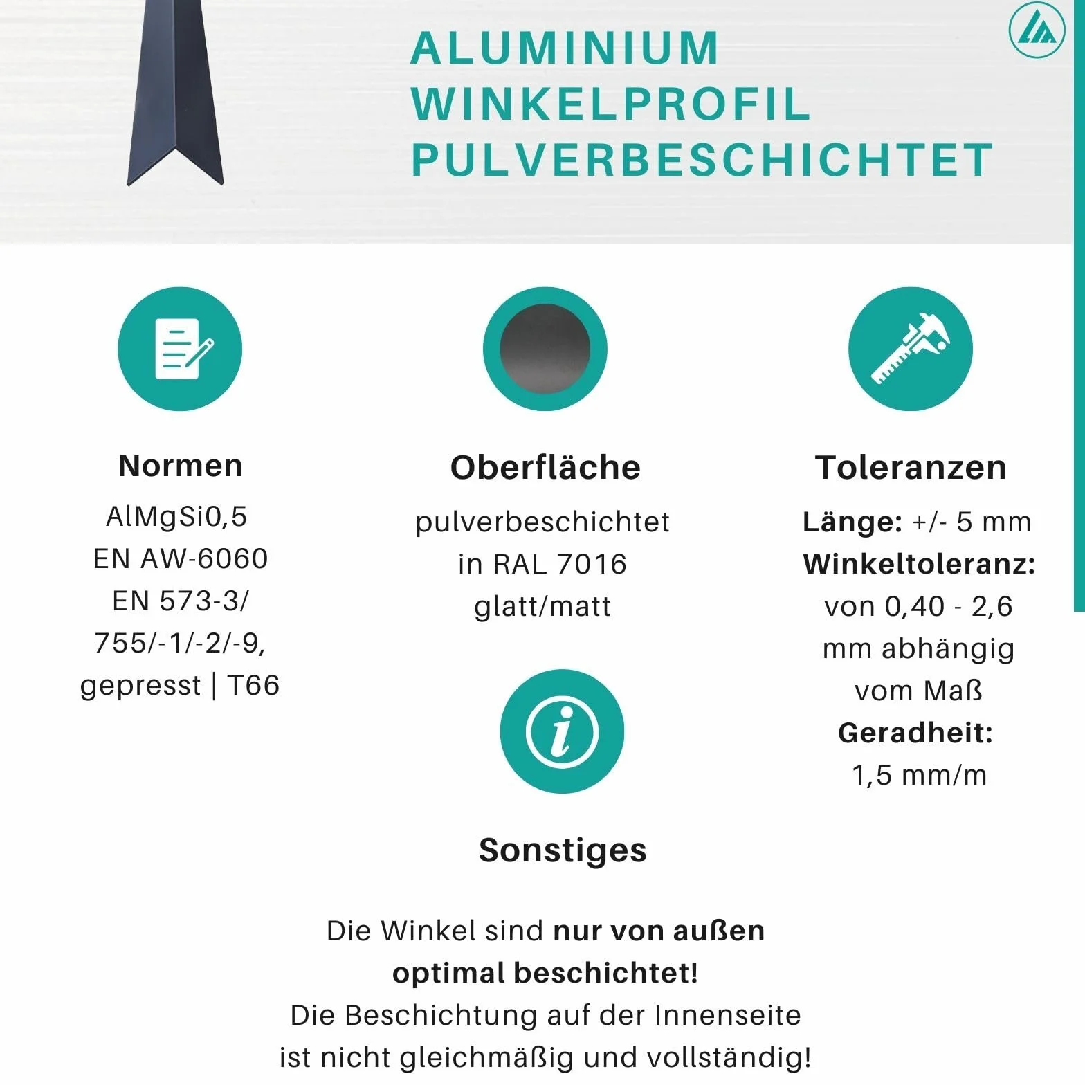 Aluminiowy kątownik powlekany proszkowo 10 x 10 x 2 mm 1000 mm RAL 7016 antracyt szary