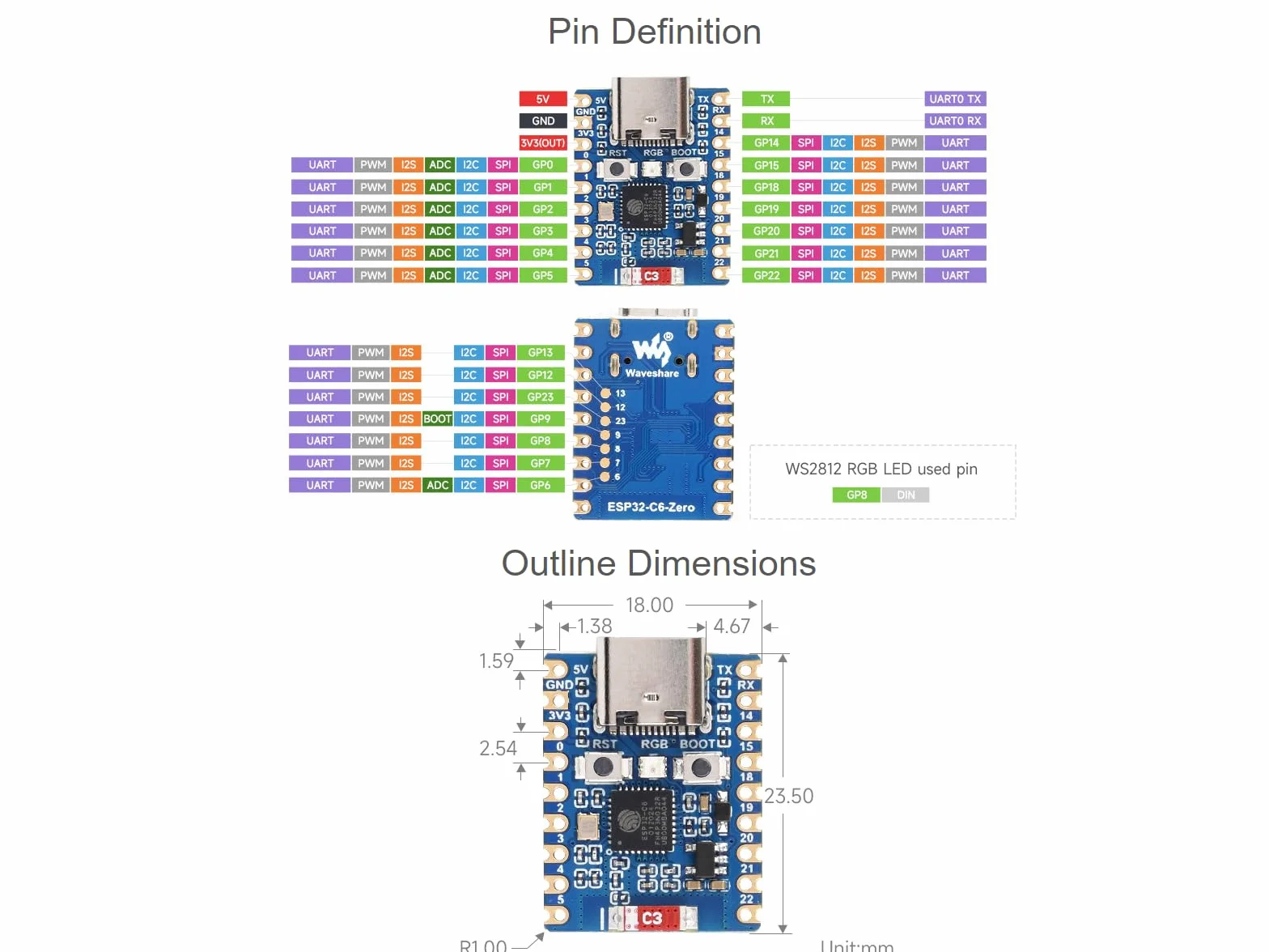 Waveshare ESP32-C6 mikrokontroler WiFi 6 mini płytka rozwojowa ESP32-C6FH4 RISC-V Bluetooth 5