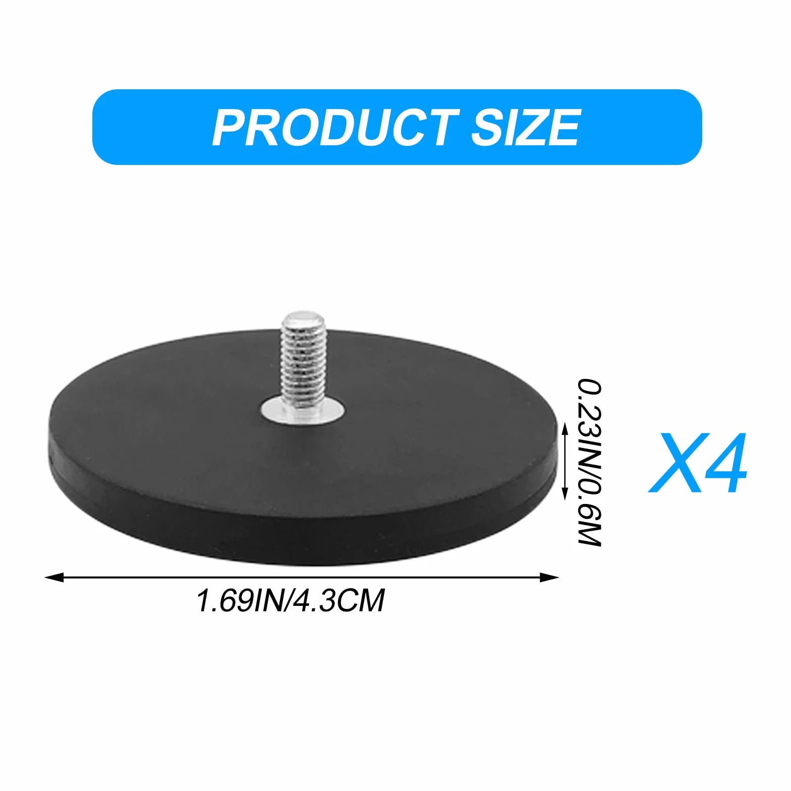 8 x magnesy neodymowe, gumowane, Ø 43 mm, z gwintem zewnętrznym M6, siła przyczepności 10 kg, systemy magnetyczne z gumowym płaszczem, gumowe, okrągłe magnesy z gwintem zewnętrznym, do śrub, oczka lub haka